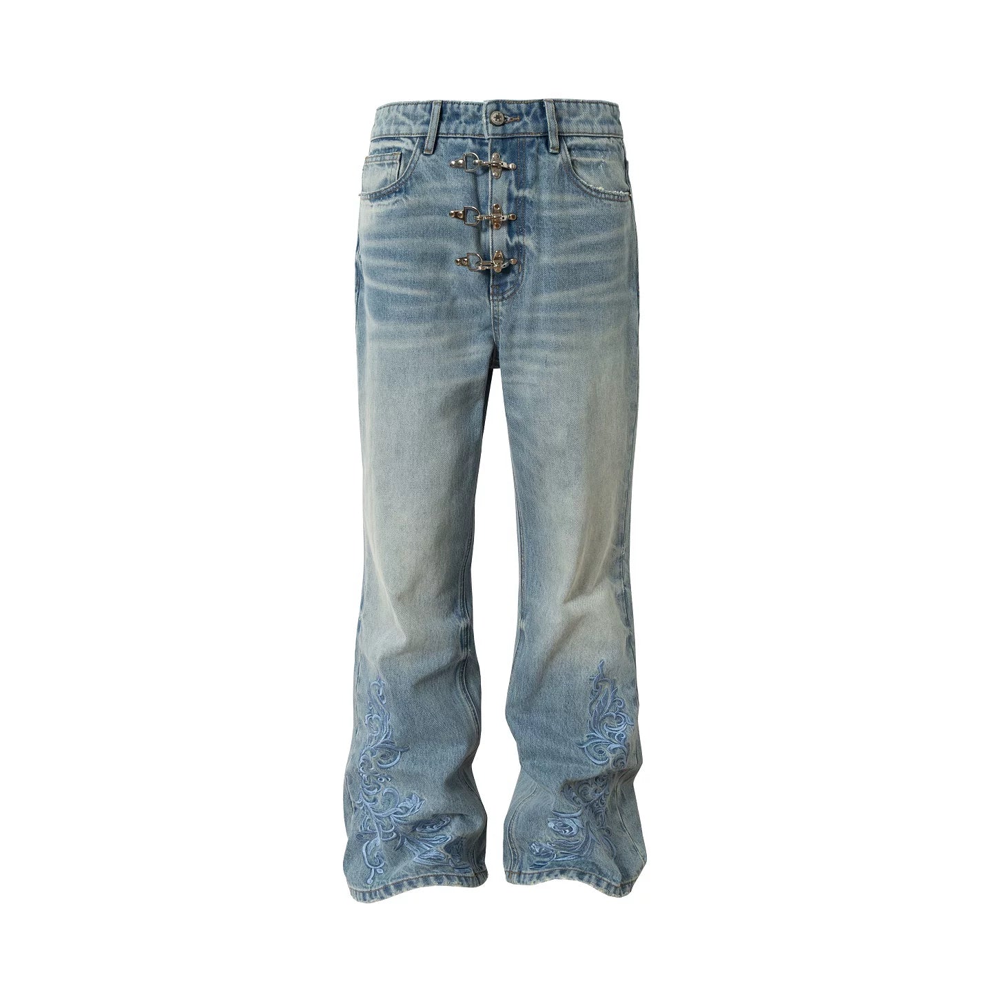 Embroidered Buckle Detail Wide Leg Jeans