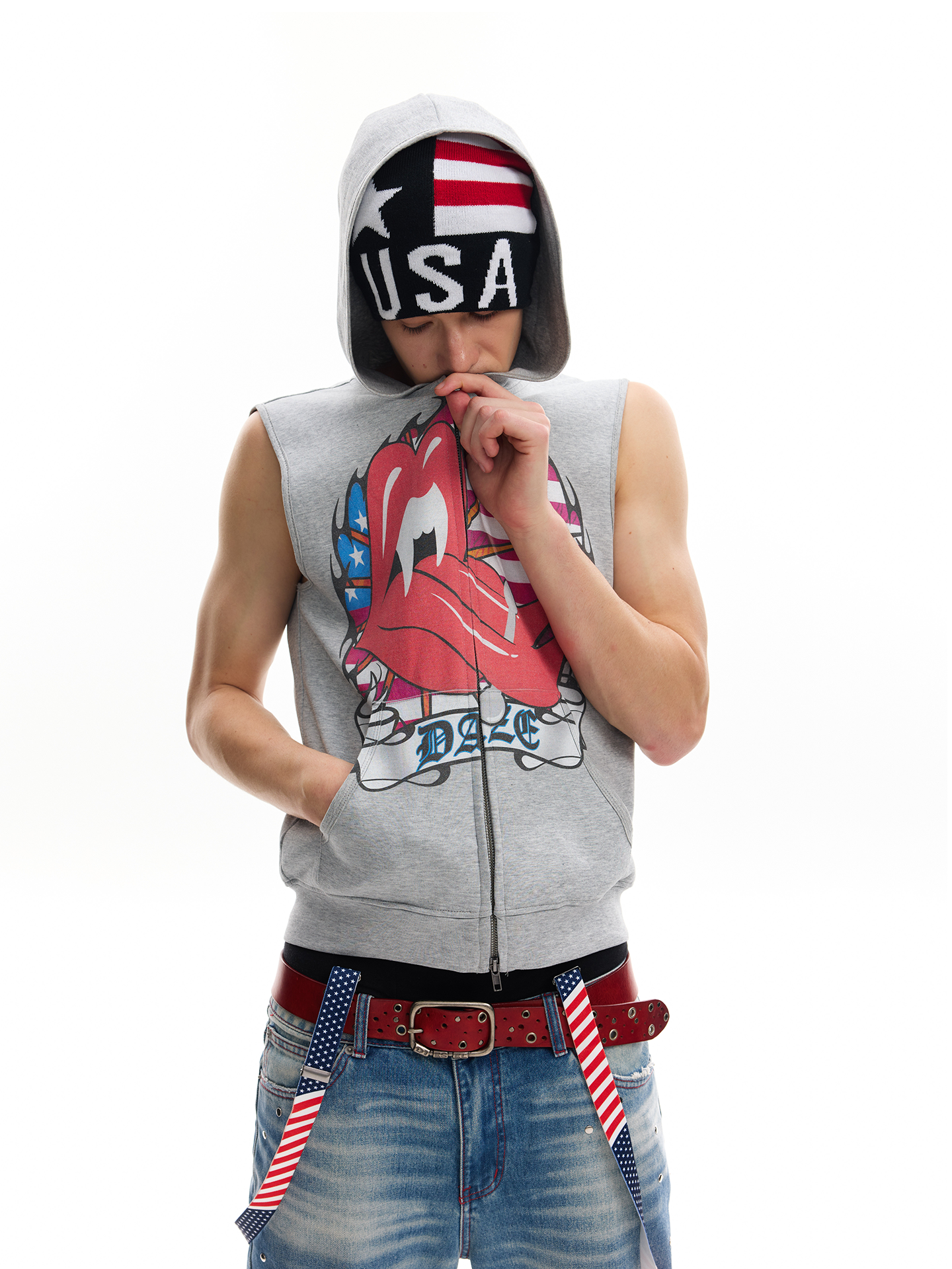 Daze Americana Lips Sleeveless Hoodie Vest