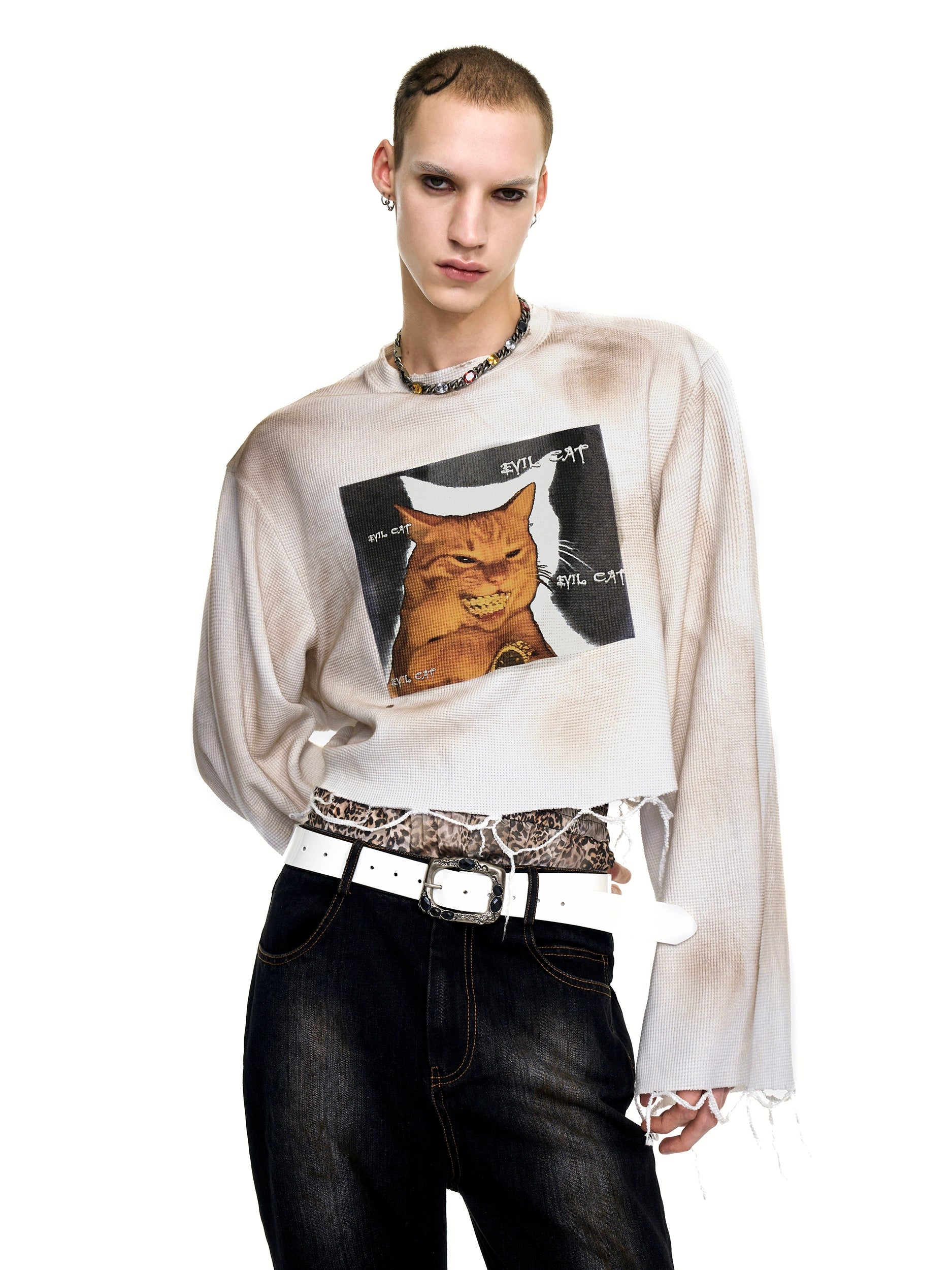 Distressed Cat Graphic Long Sleeve Shirt