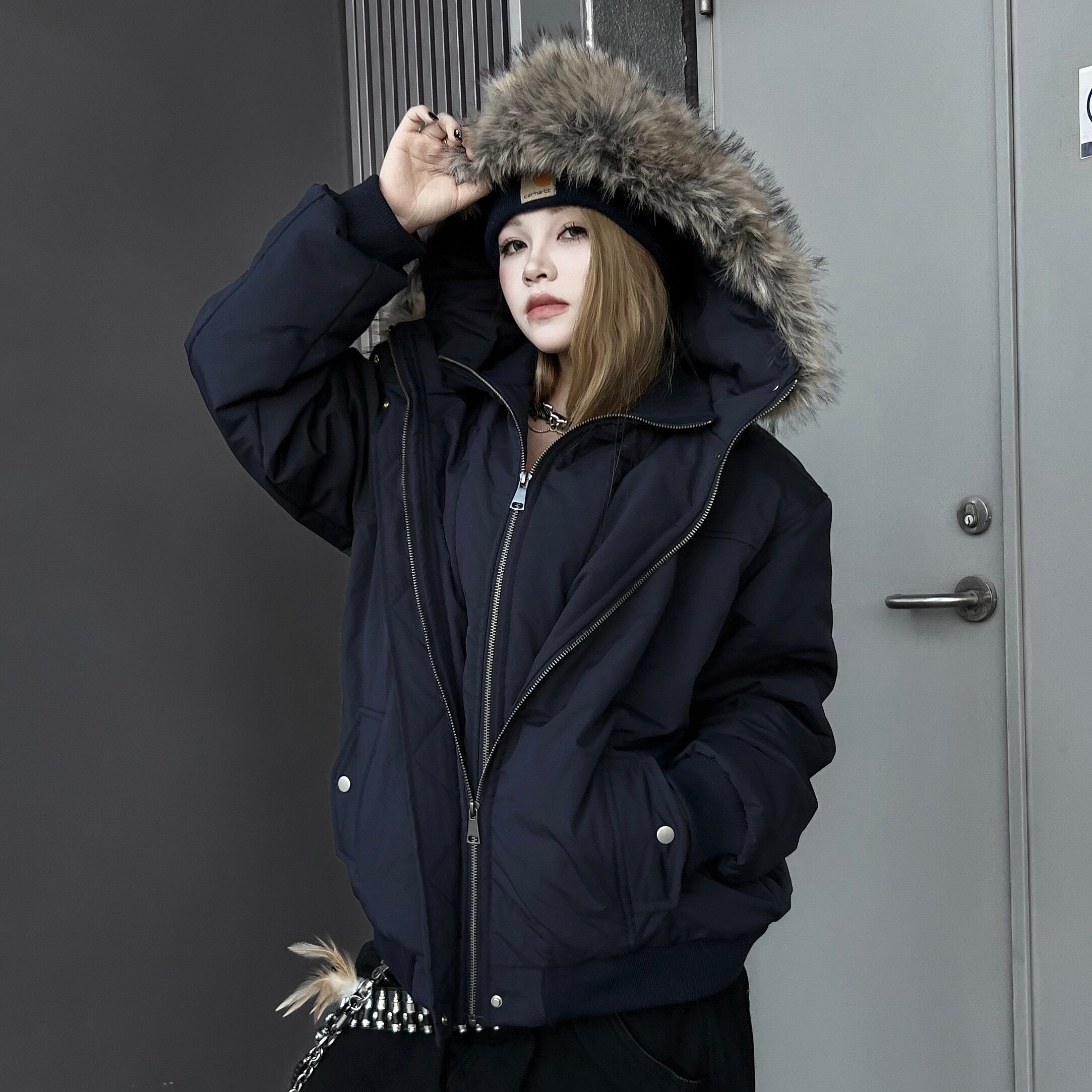 Men's Double-Hood Faux-Fur Thick Puffer Jacket