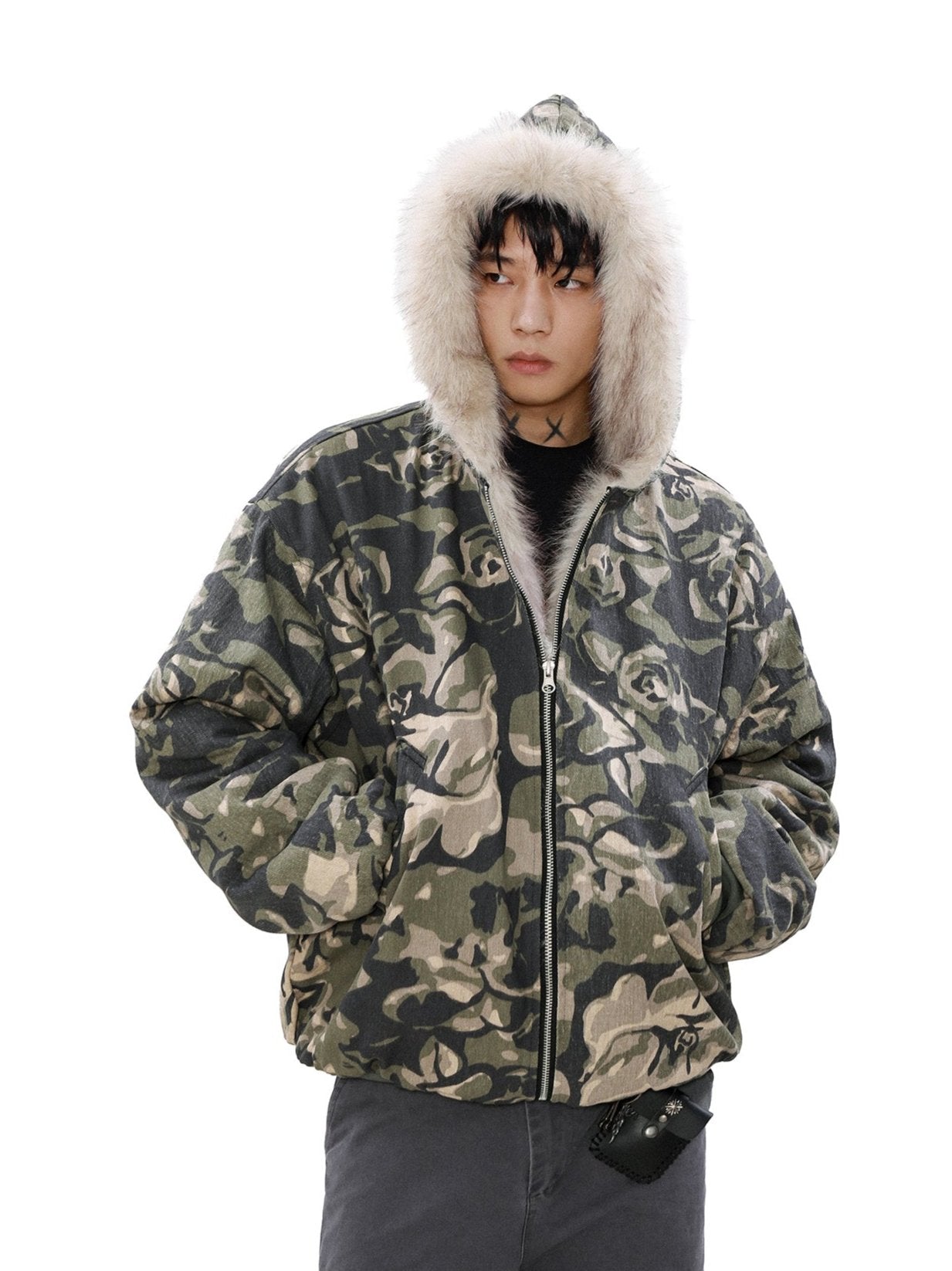 Camouflage Puffer Jacket with Fur-Lined Hood