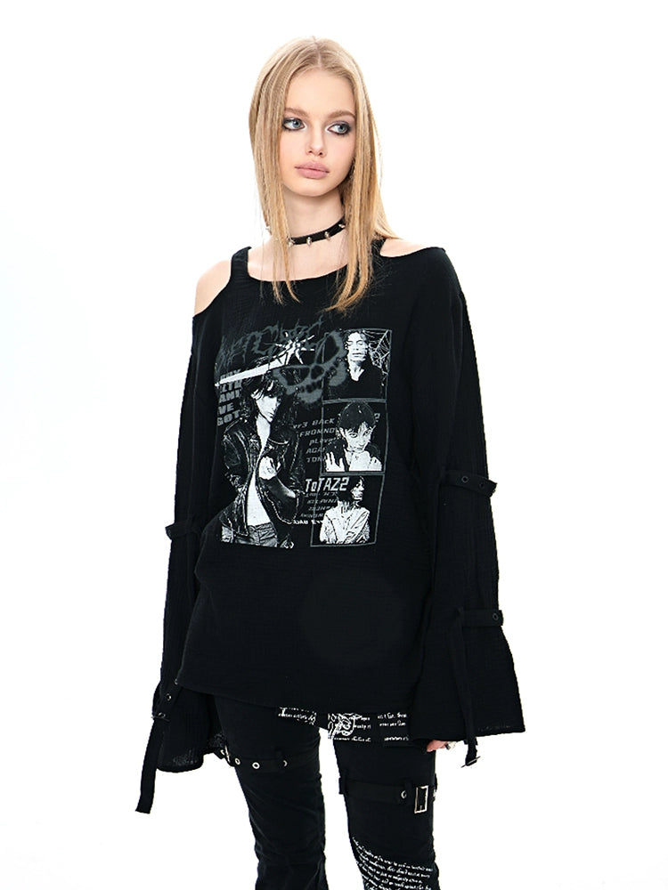 Diet Grrrl Gothic Punk Cold Shoulder Sweater - Black Graphic Print Long Sleeve Top With Thumb Holes