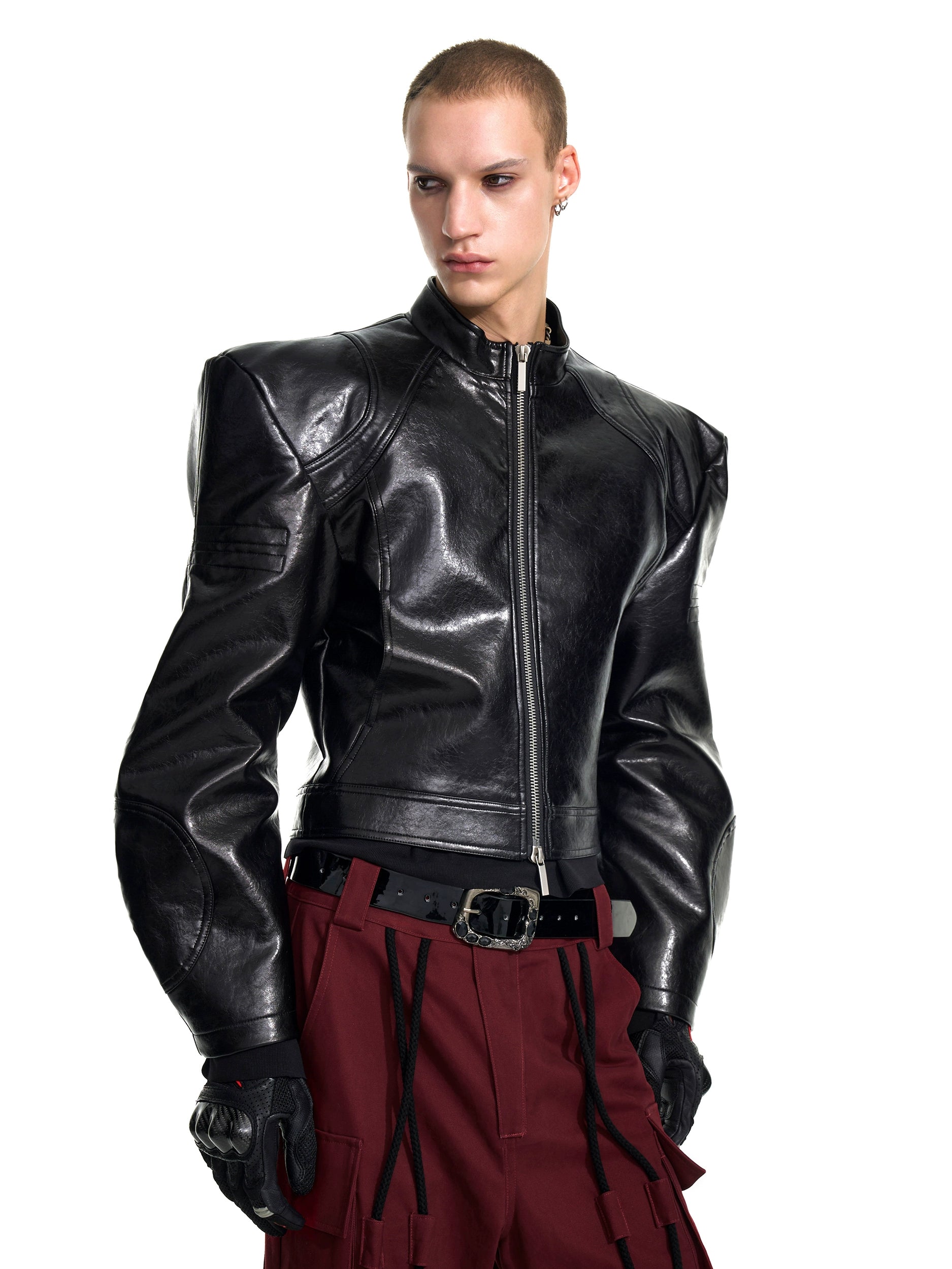 Cropped Black Leather Jacket with Abstract Graphic Print