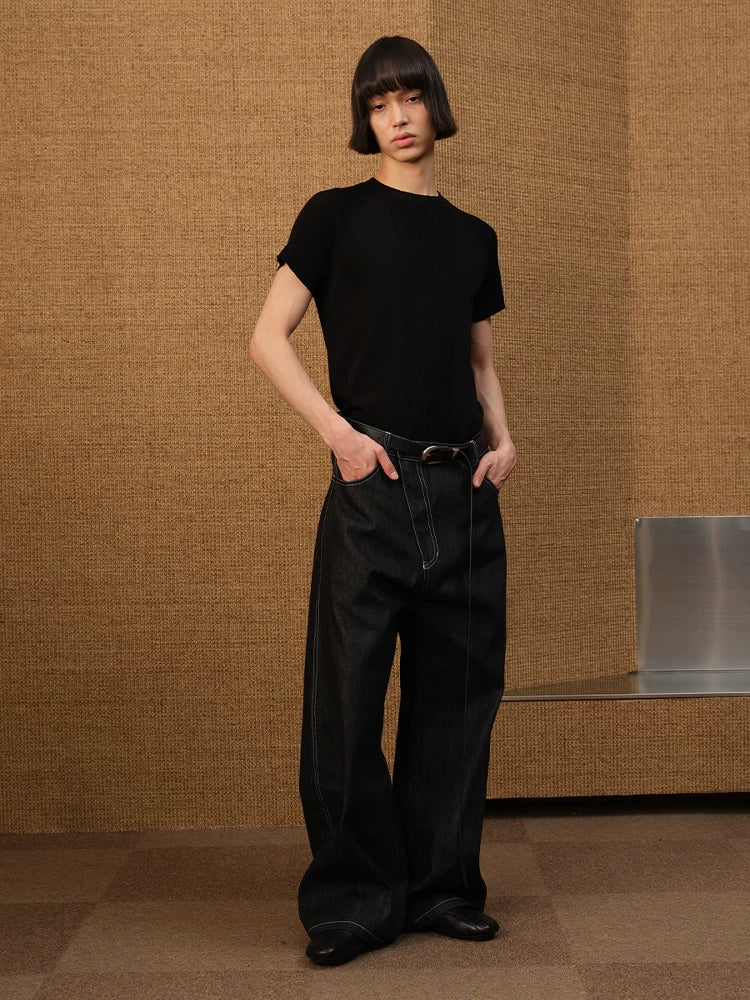 Black Contrast-Stitch Balloon Denim Trousers