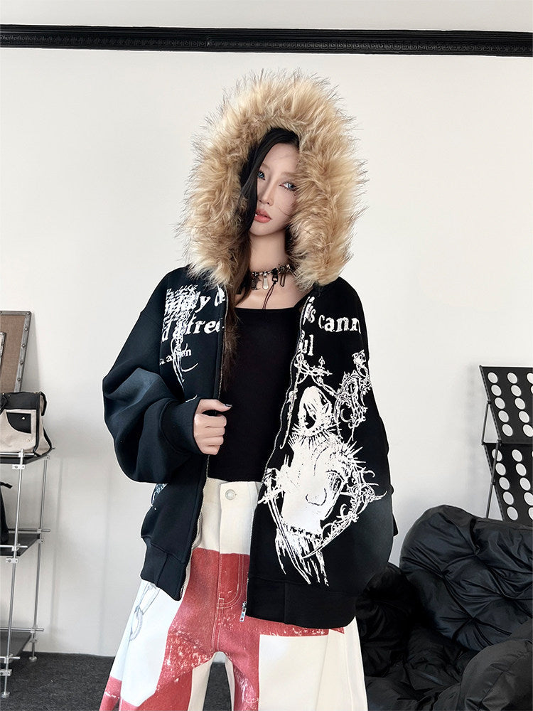 Men's Faux-Fur Collar Graphic-Print Oversized Zip-Up Hoodie