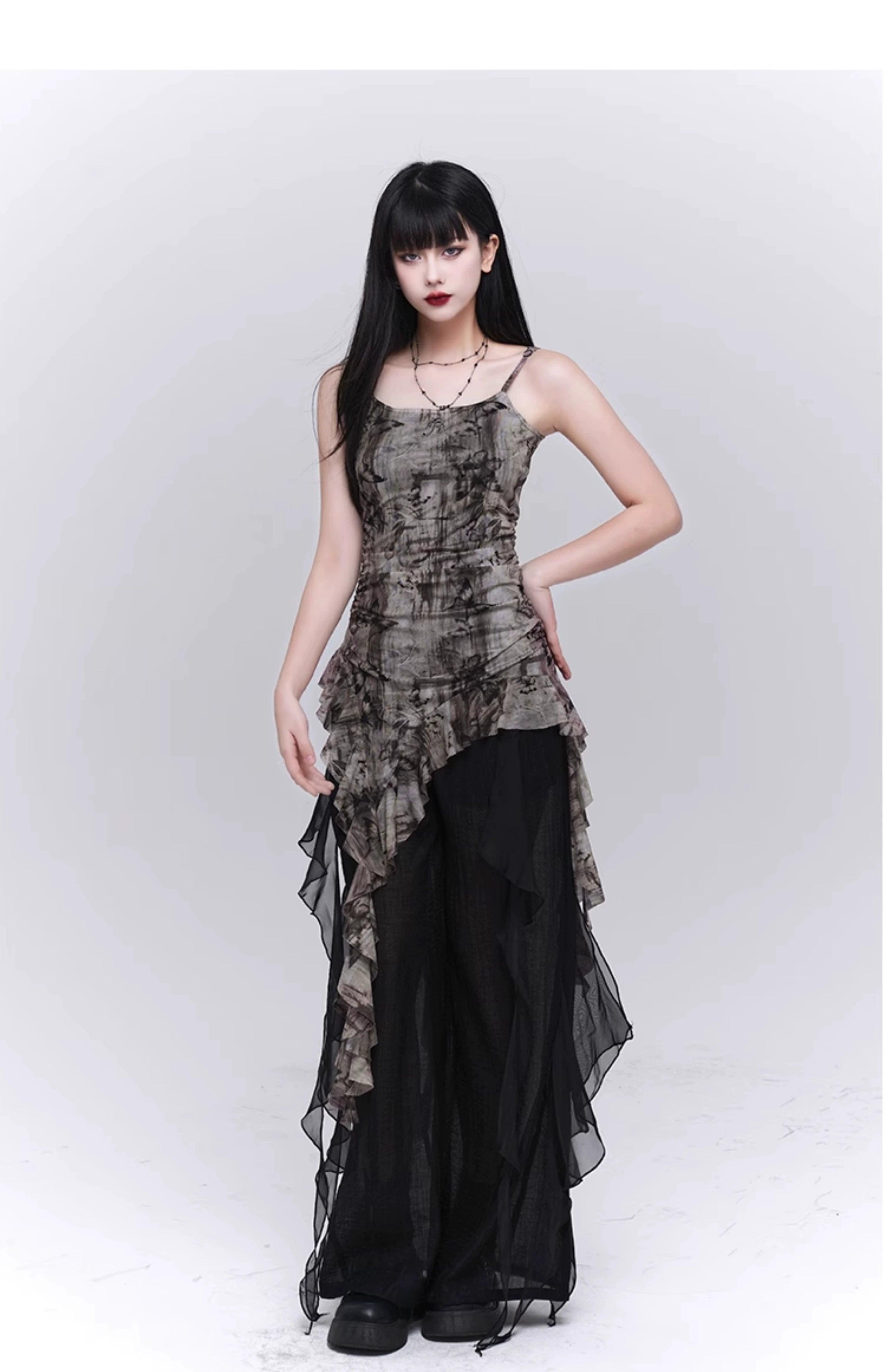 Ladyghost Grunge Fairy Asymmetrical Cami Dress - Women'S Tie-Dye Ruched Mini Dress With Ruffle Hem