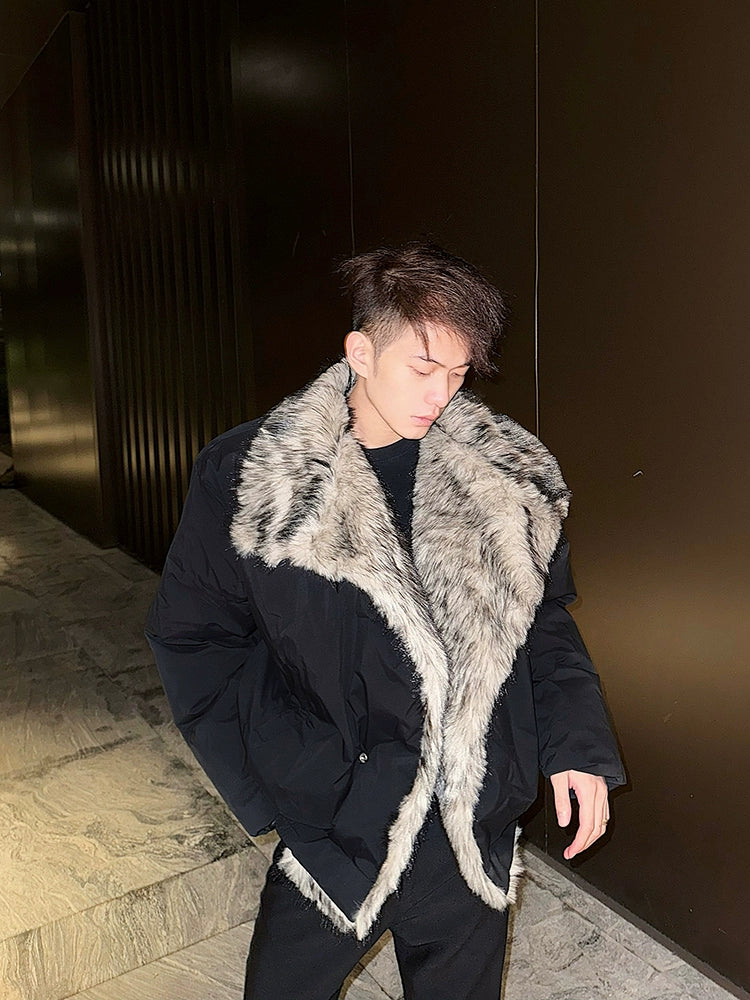 Black Bomber Jacket with Faux Fur Lapel