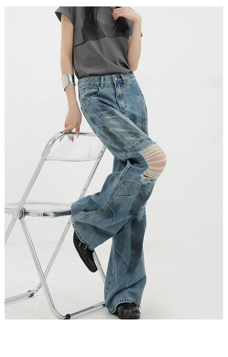 Vintage Distressed And Dirt-Dyed Patchwork Wide-Leg Jeans - chiclara