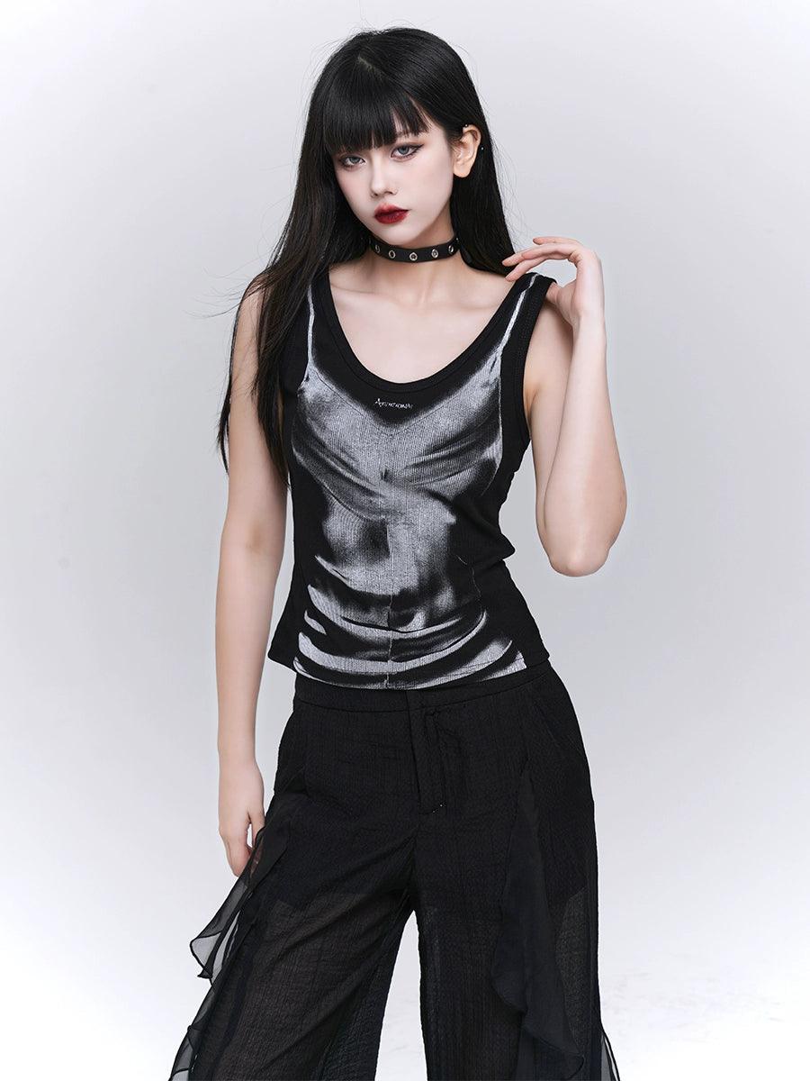 Ladyghost Grunge Skull Tank Top - Women'S Black And White Tie-Dye Sleeveless Shirt With Gothic Print