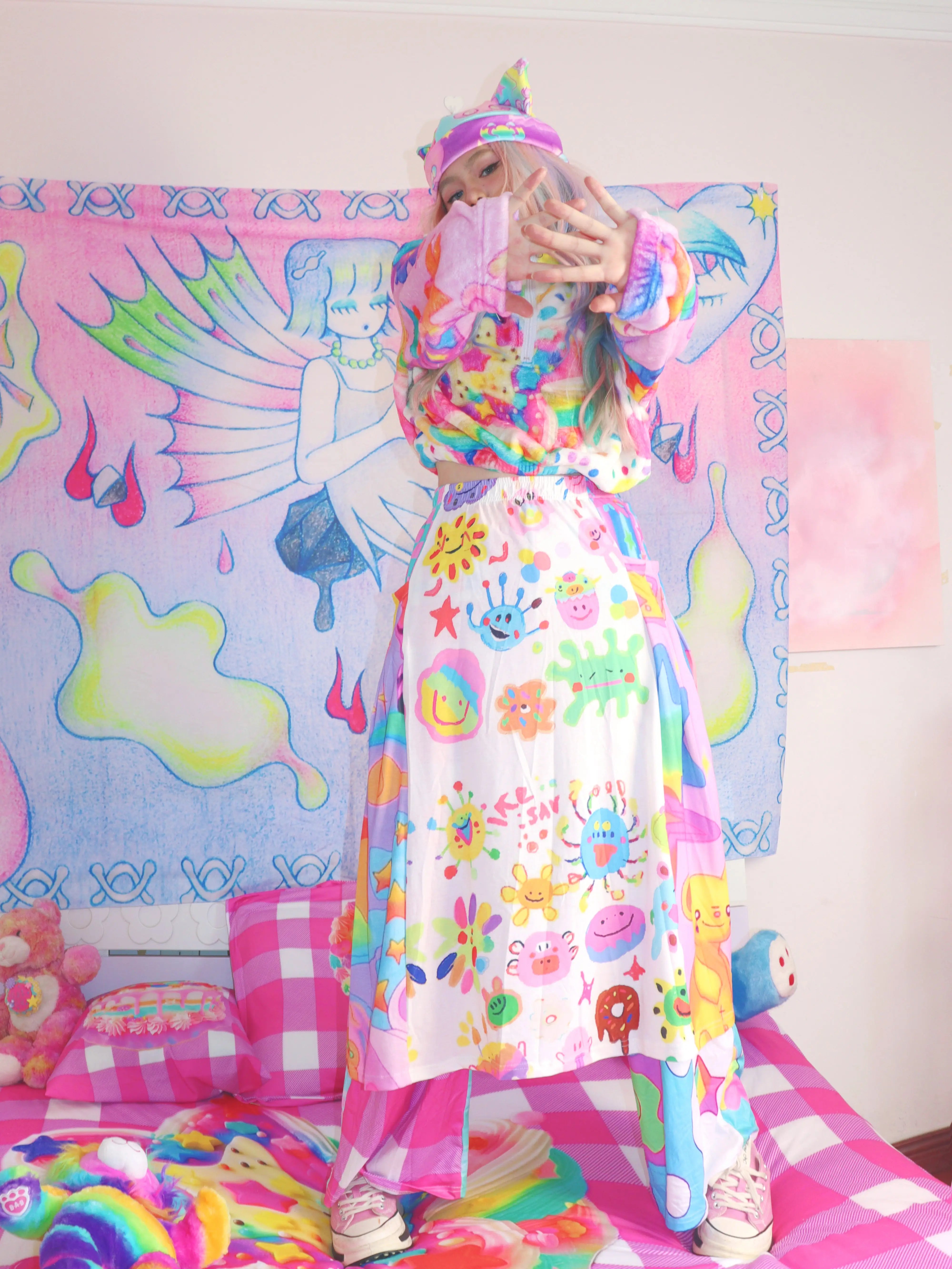 Rainbow Doodle Print Kawaii Skirt