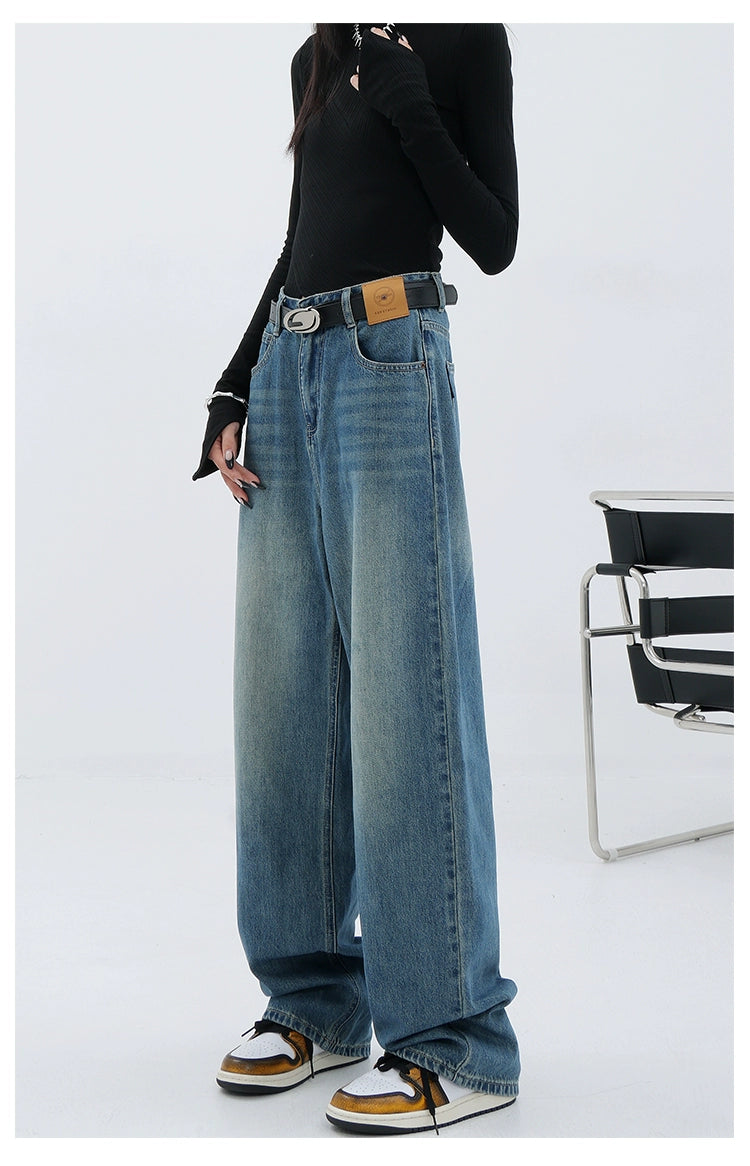 Blue Retro Loose Straight-Leg High-Waist Floor-Length Jeans - chiclara