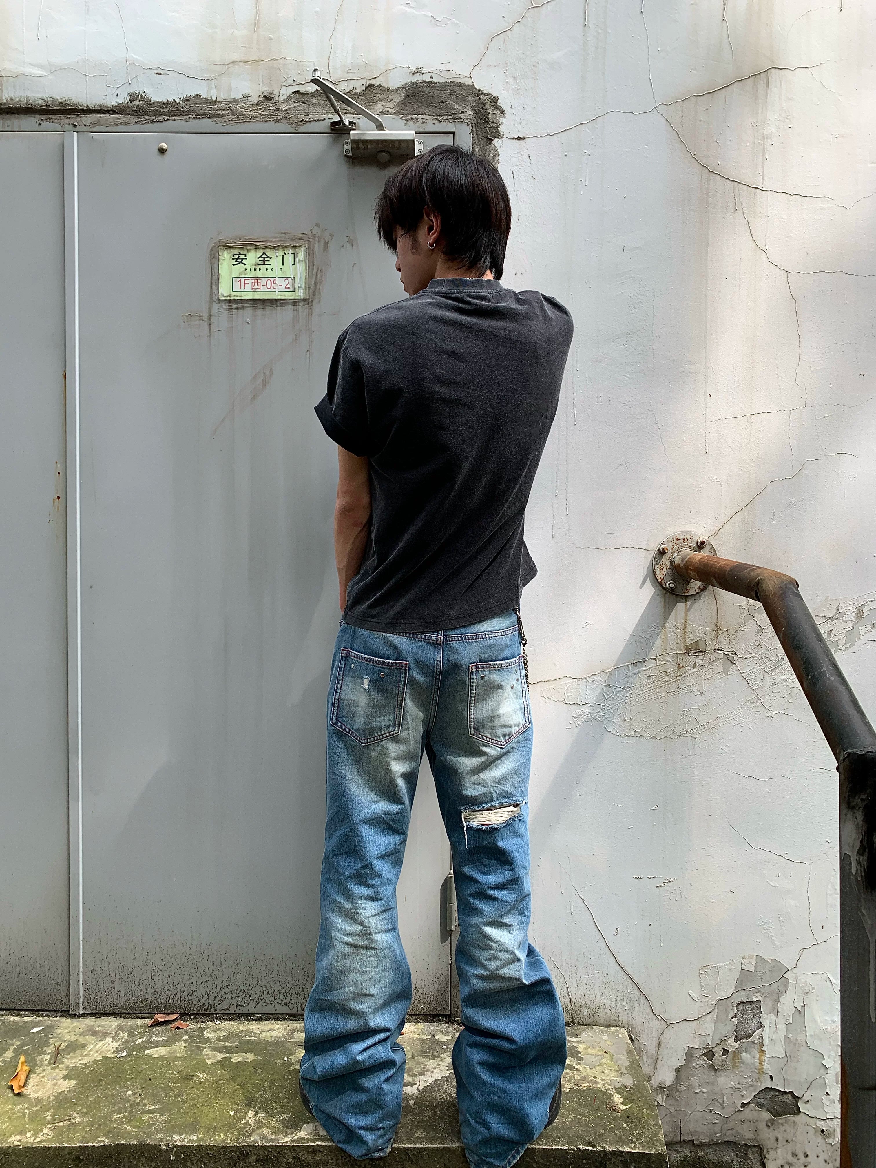 Studded Plaid‑Patch Light Wash Street Jeans