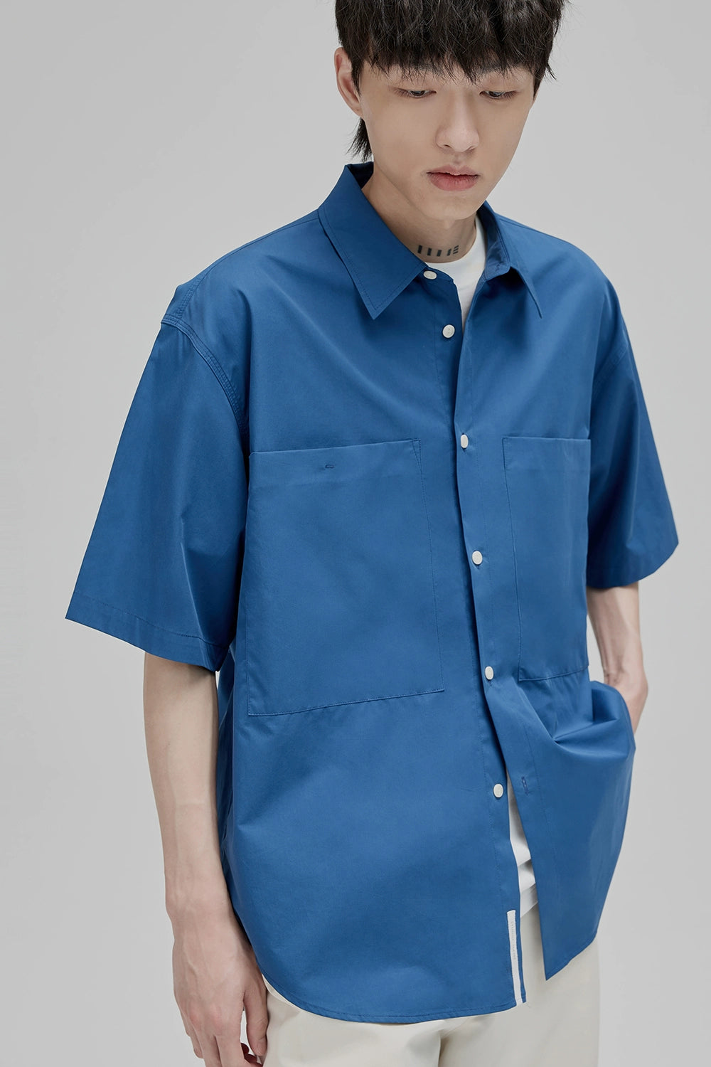 Square Collar Patch Pocket Short Sleeve Shirt