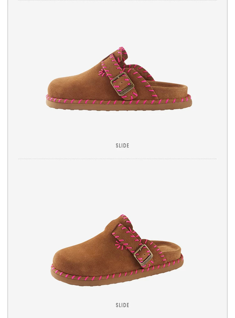 Whipstitch Buckle Suede Mule Clogs