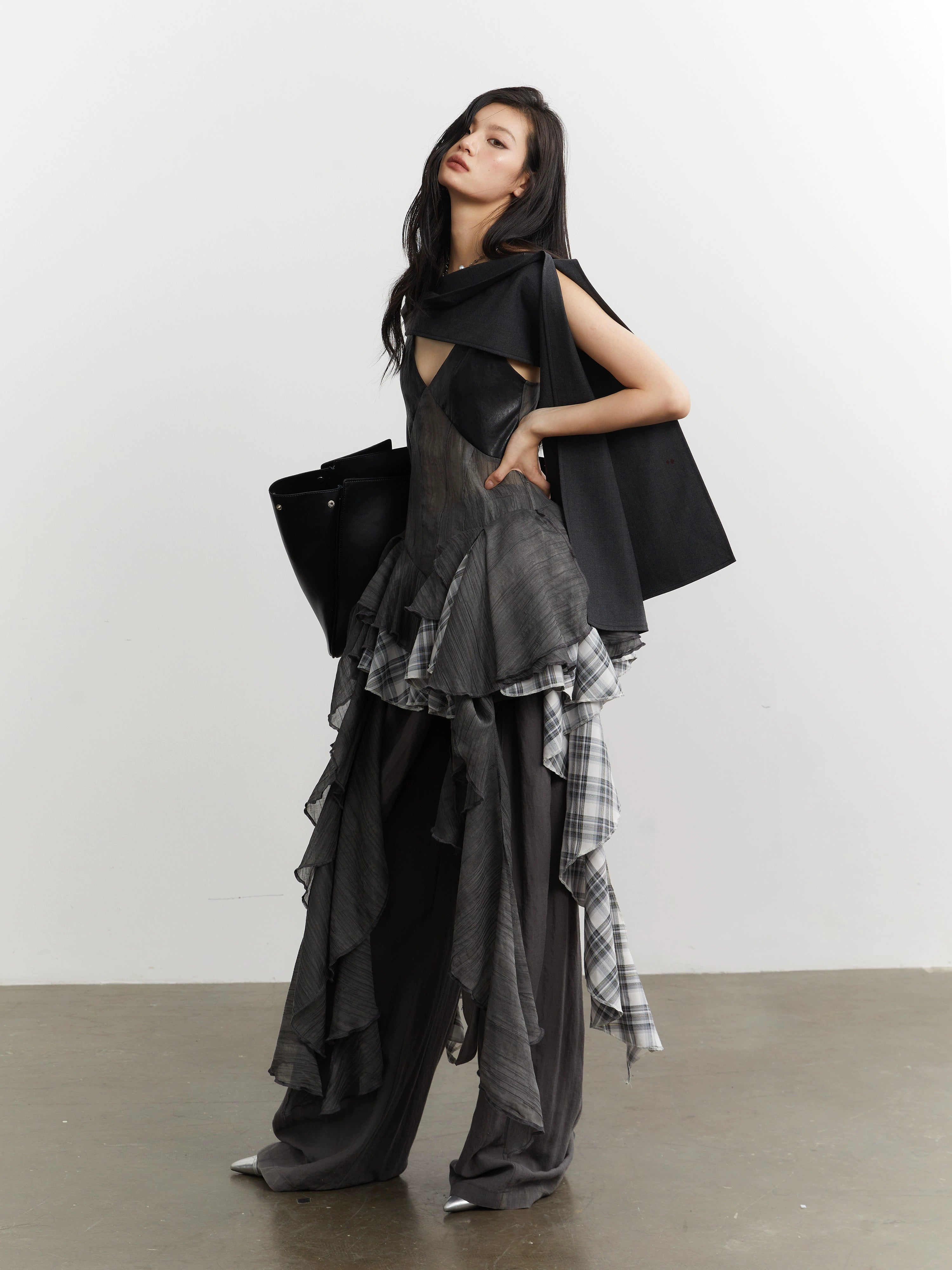 Noir Plaid Ruffle Cascade Dress