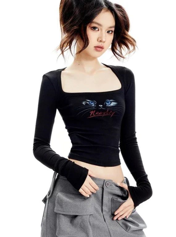 Long-Sleeve Crop Top with Cat Graphic