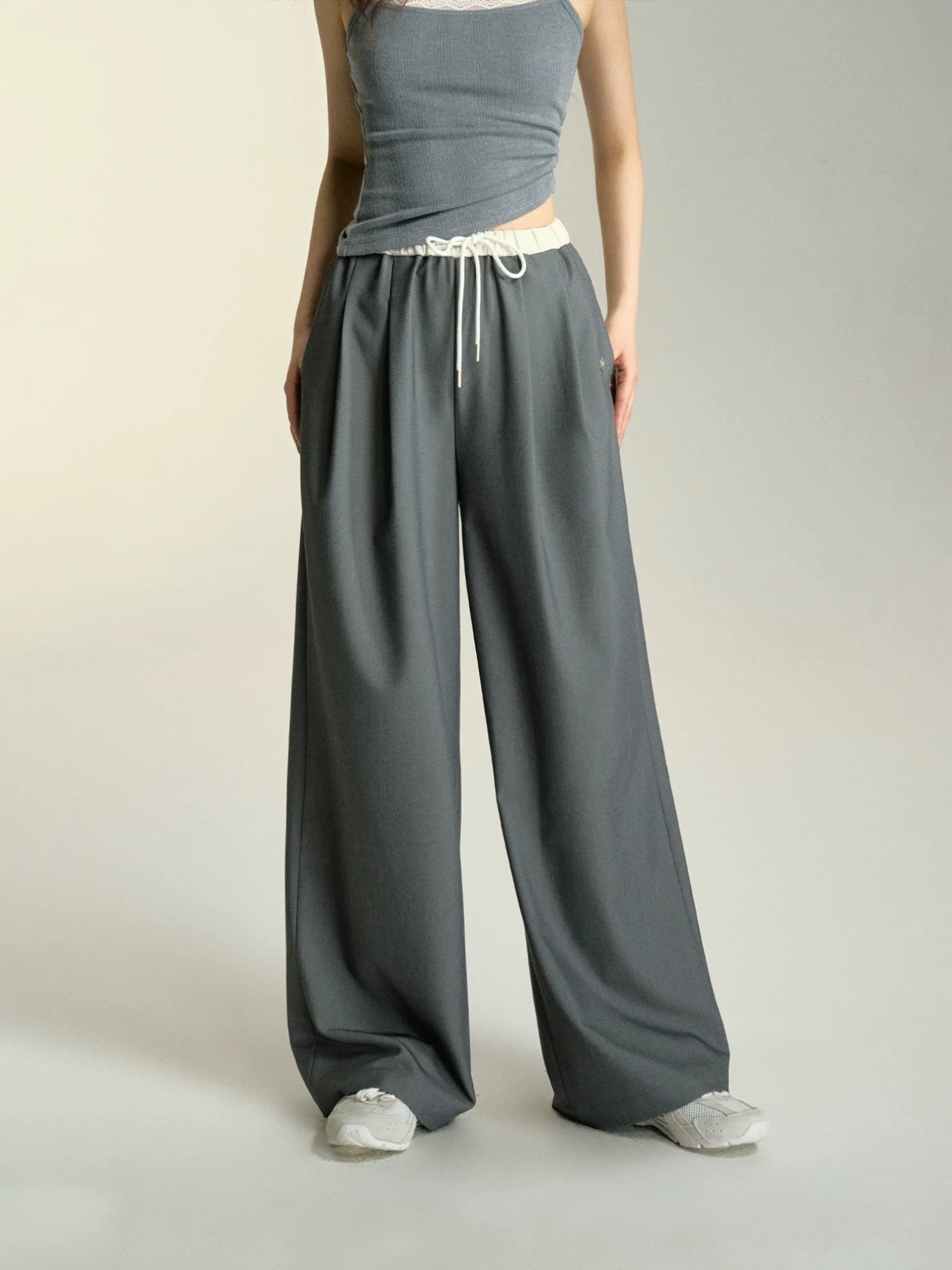 Relaxed Fit Drawstring Waist Wide Leg Pants - chiclara