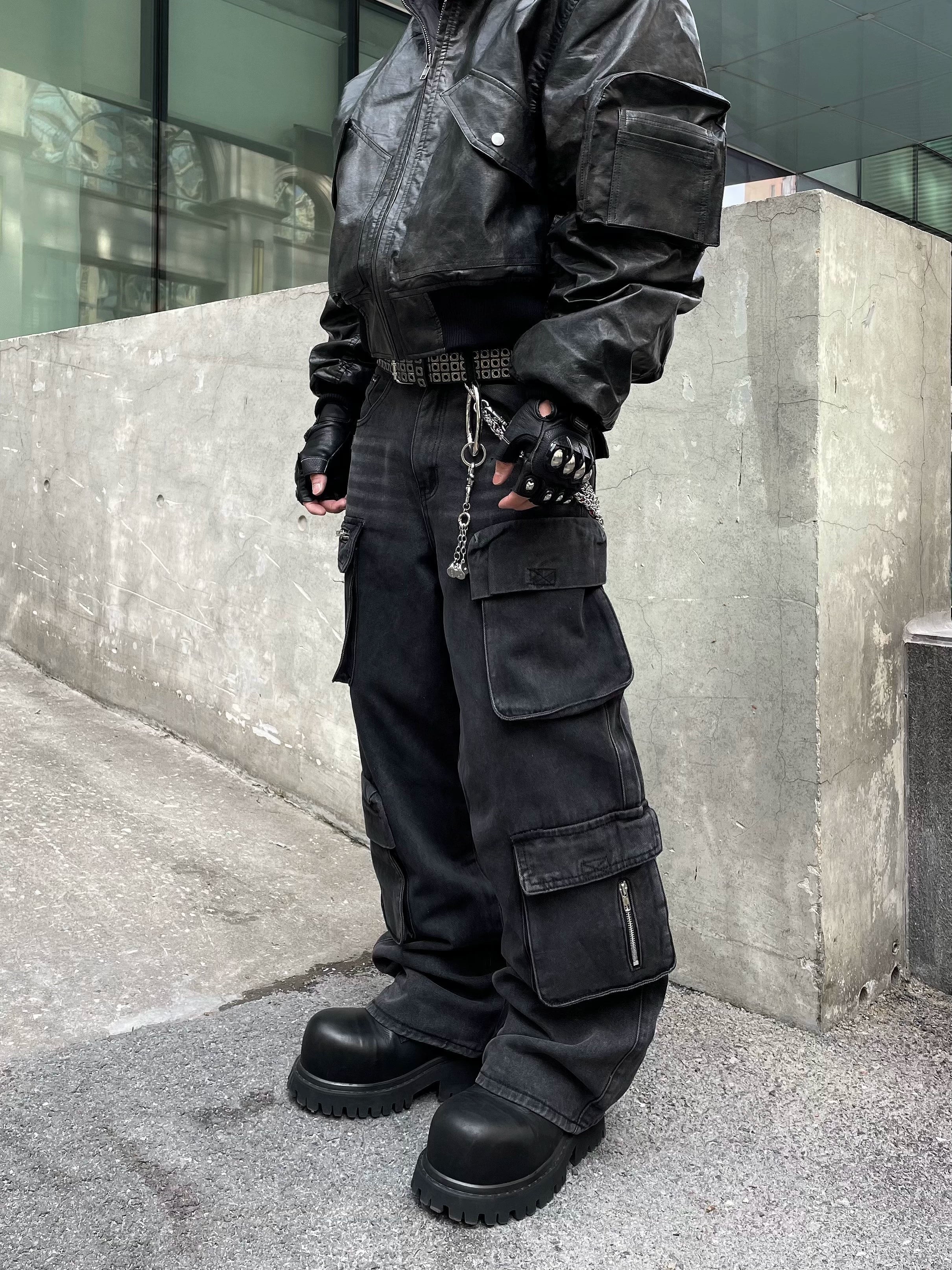 Black Utility Cargo Straight Leg Denim Jeans