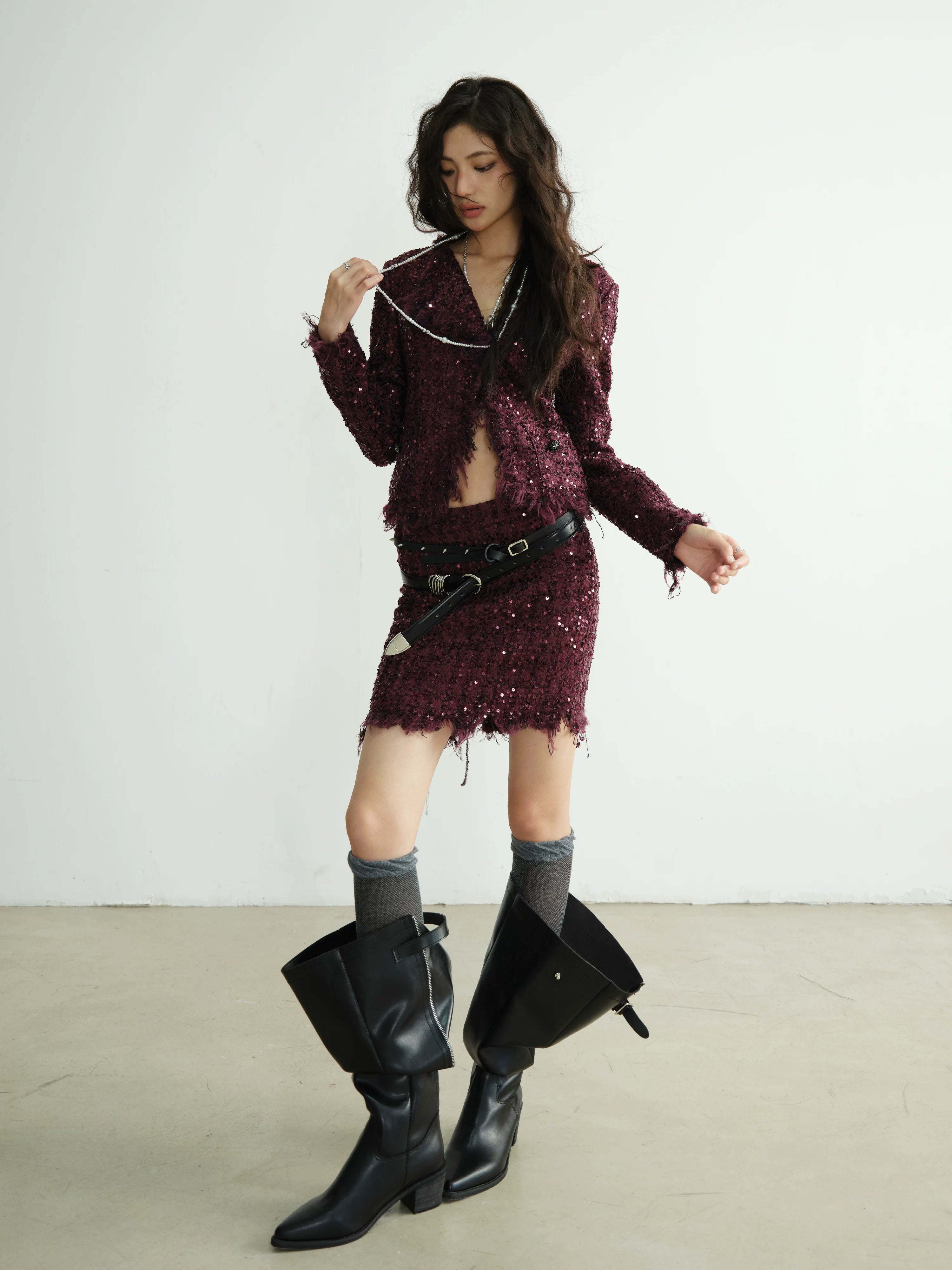 Wine Sequin Distressed Hem Blazer