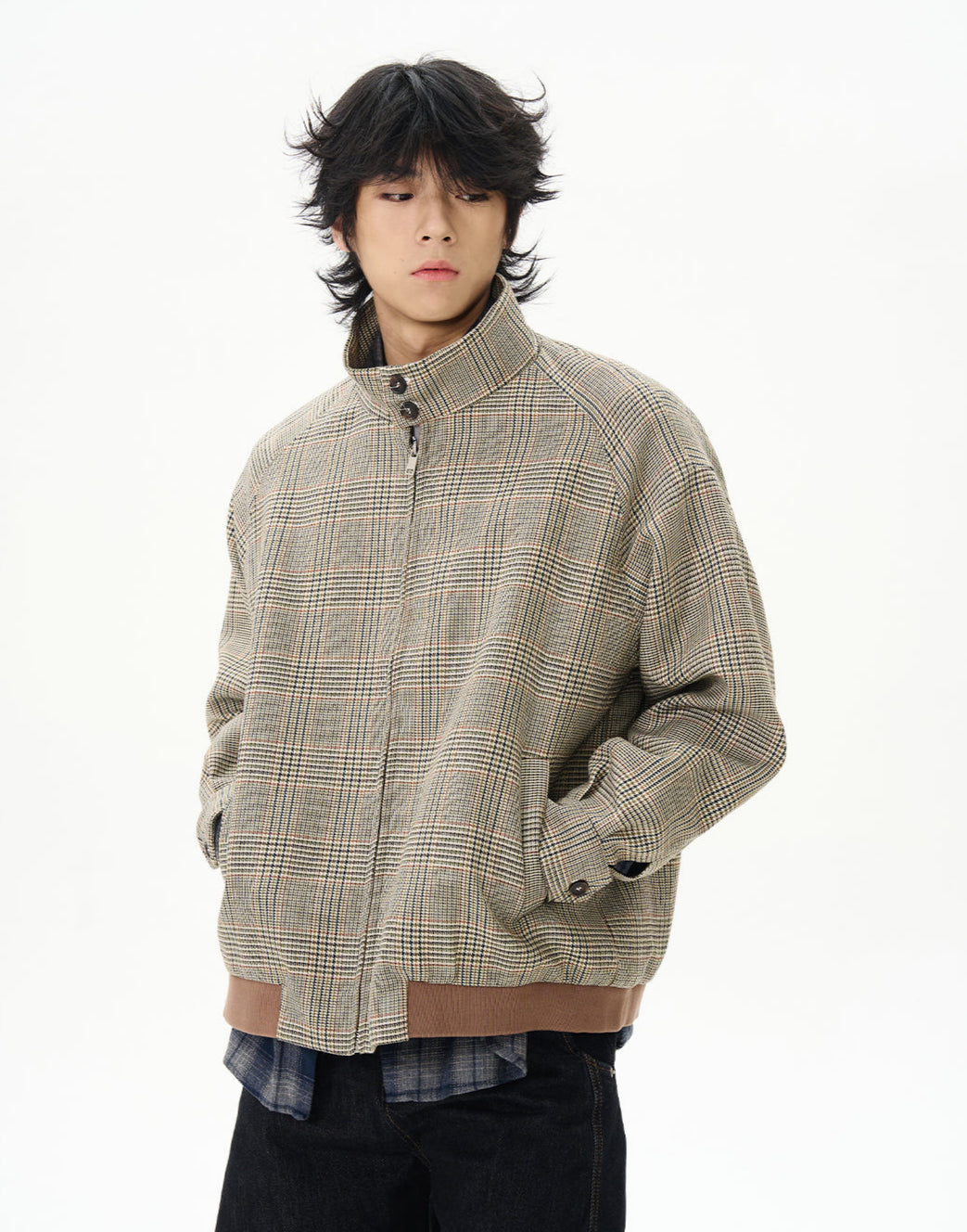 Plaid Bomber Jacket Beige