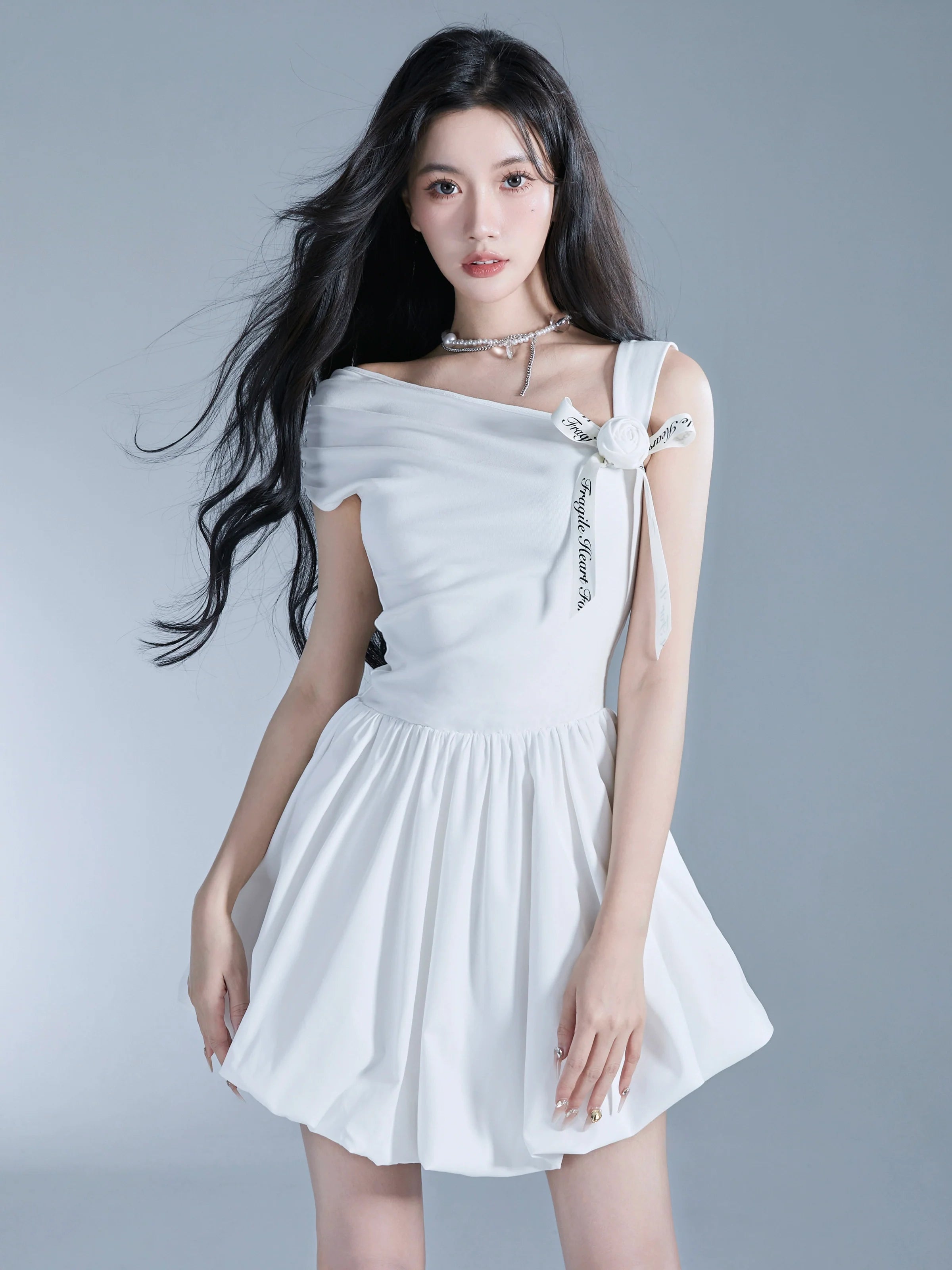 Angelic One-Shoulder White Ballerina Mini Dress with Bow Detail