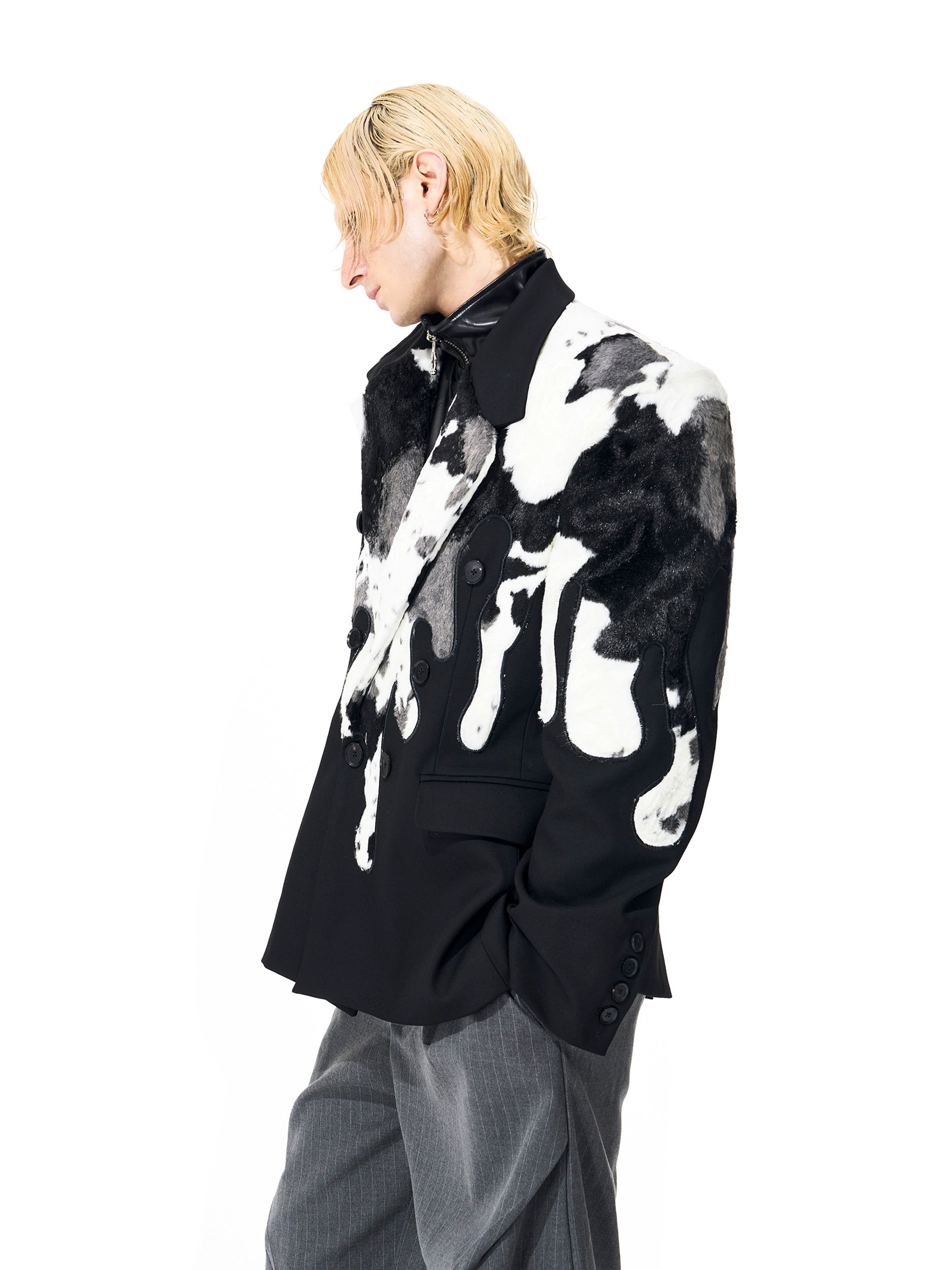 Black White Drip Faux Fur Blazer