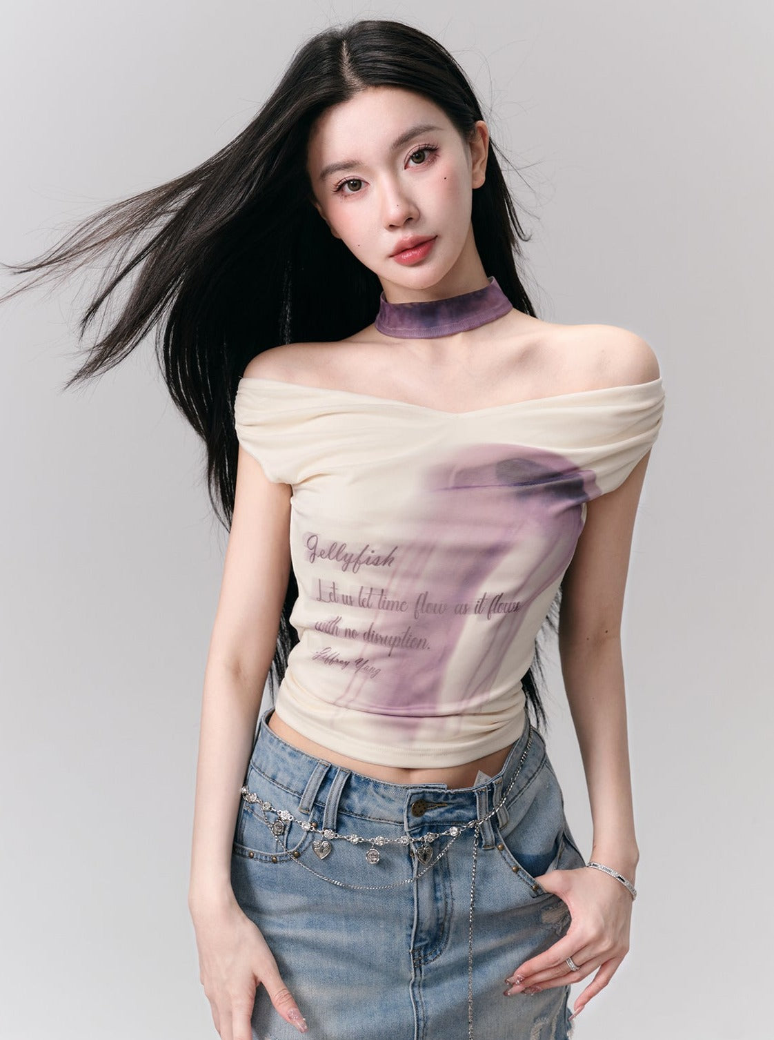 Ethereal Whisper: Off-Shoulder Choker Crop Top with Lavender Ombre Print