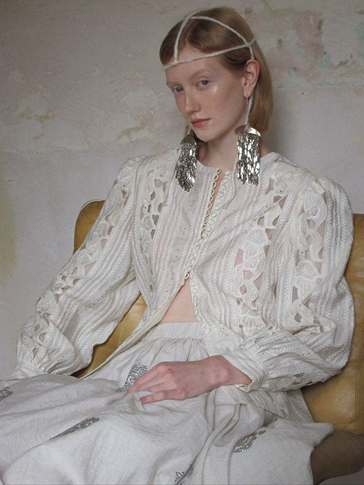 Lace Cutout Button Front Blouse