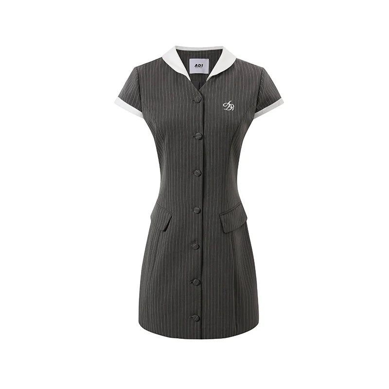 Pinstripe Button-Front Mini Dress: Short Sleeve Collared Shirtdress with Embroidered Logo