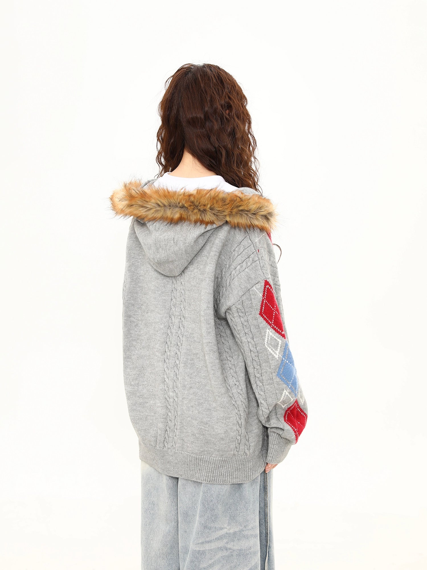 Frosty Argyle Faux-Fur Hood Cardigan