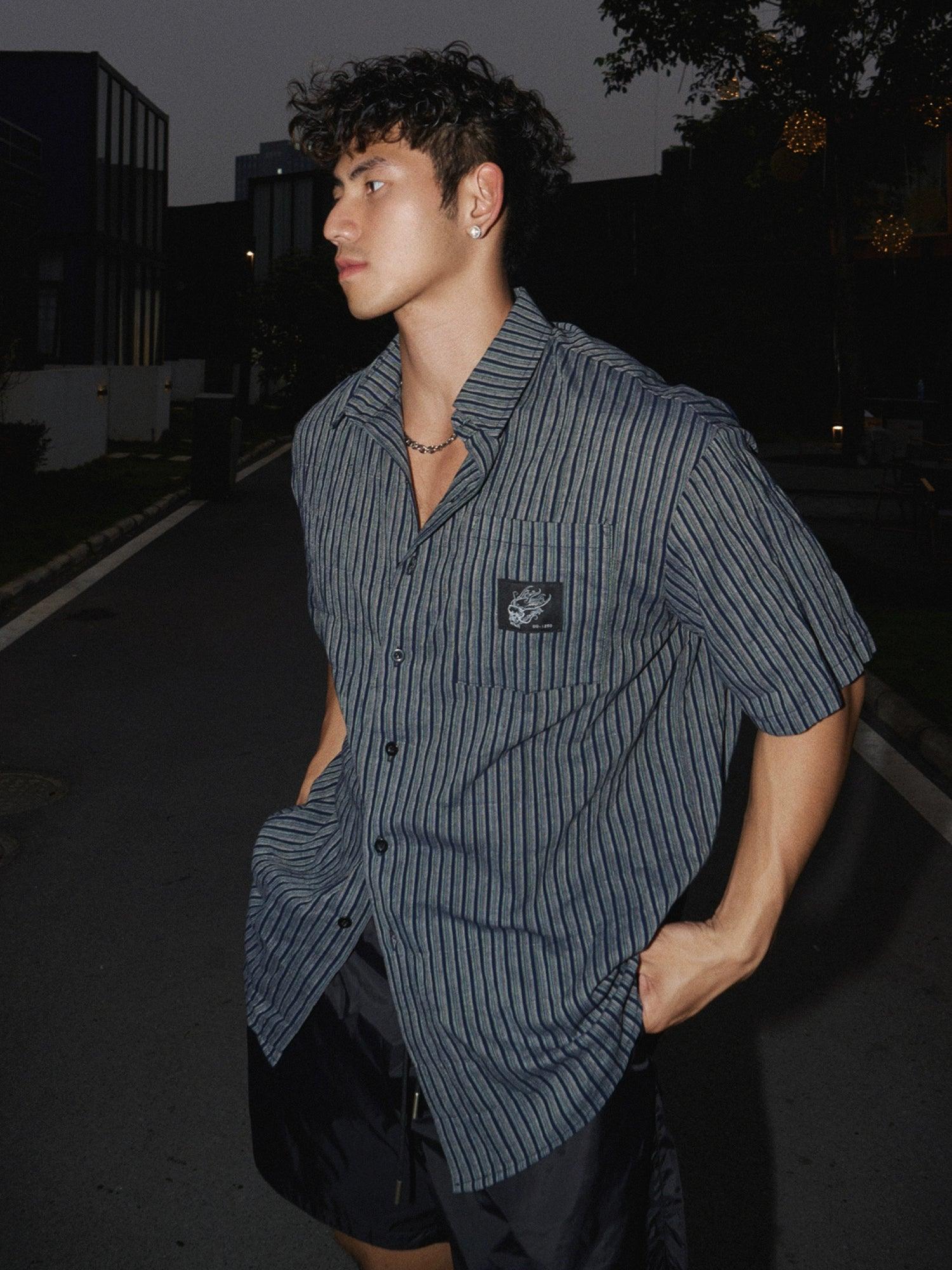 Gray Striped Short-Sleeve Button-Up Shirt