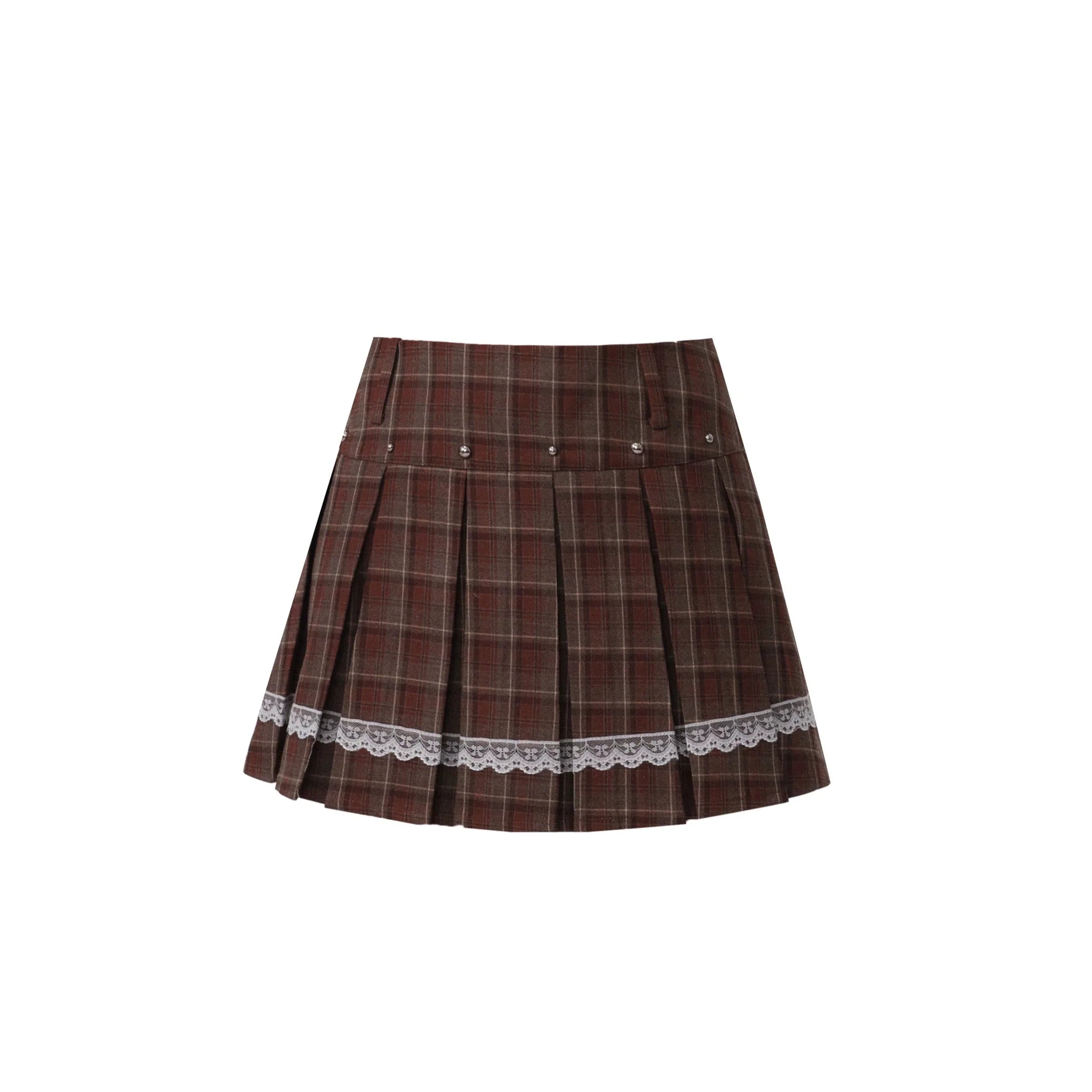 Vintage Plaid Pleated Mini Skirt with Lace Trim