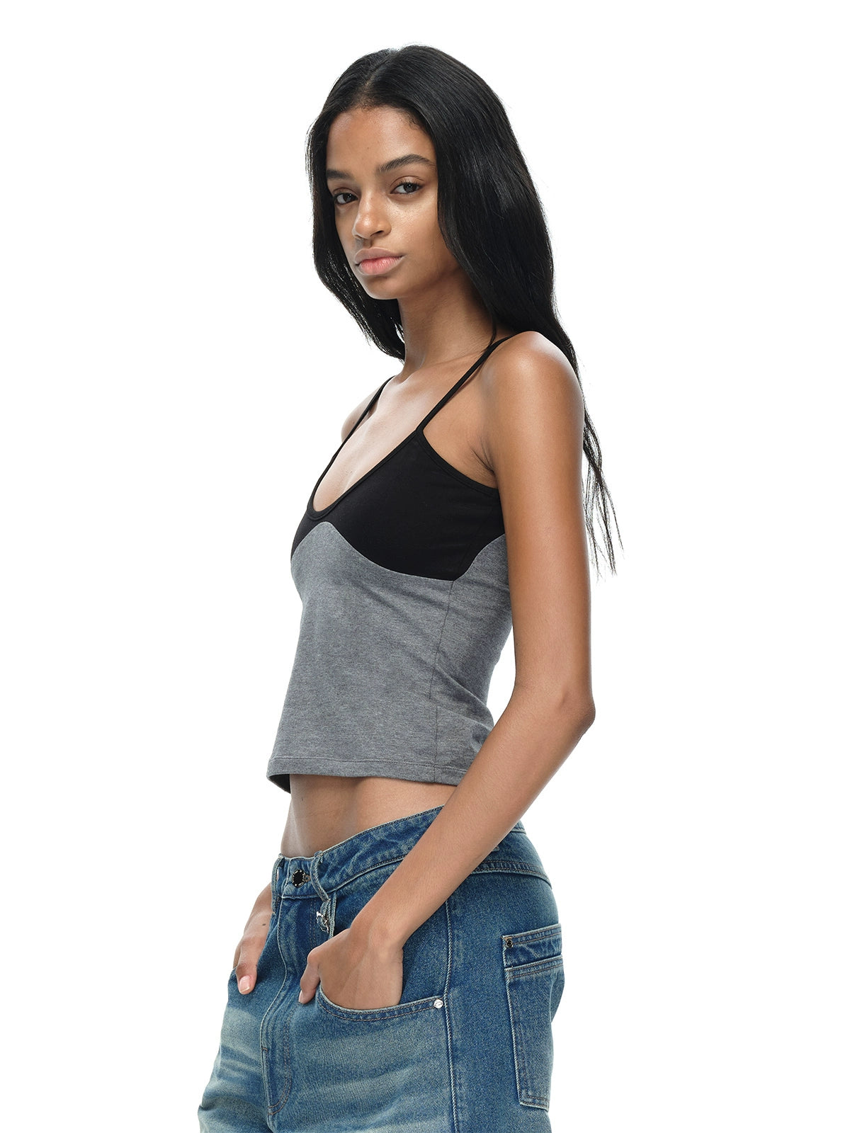 Black and Grey Spliced Camisole Top