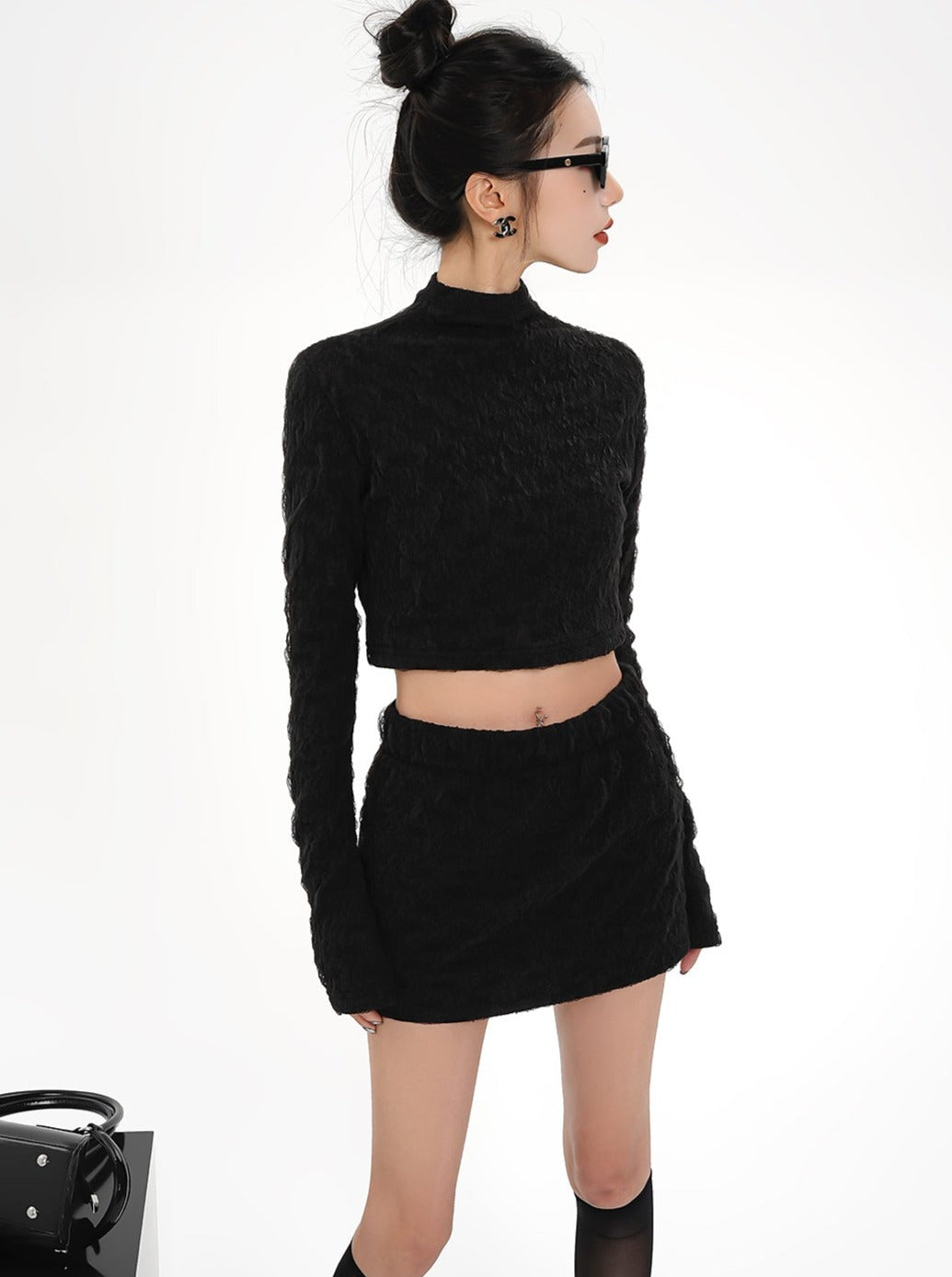 Black Ribbed Turtleneck Crop Top - Long Sleeve Fitted Mock Neck Sweater