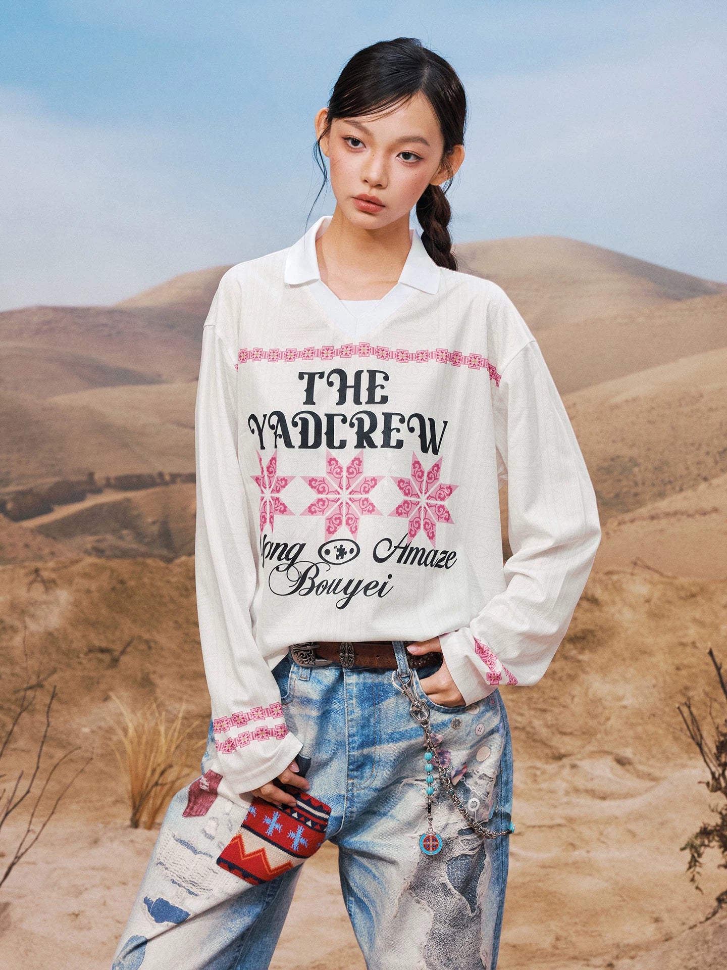 Geometric Graphic Collared Long Sleeve Shirt