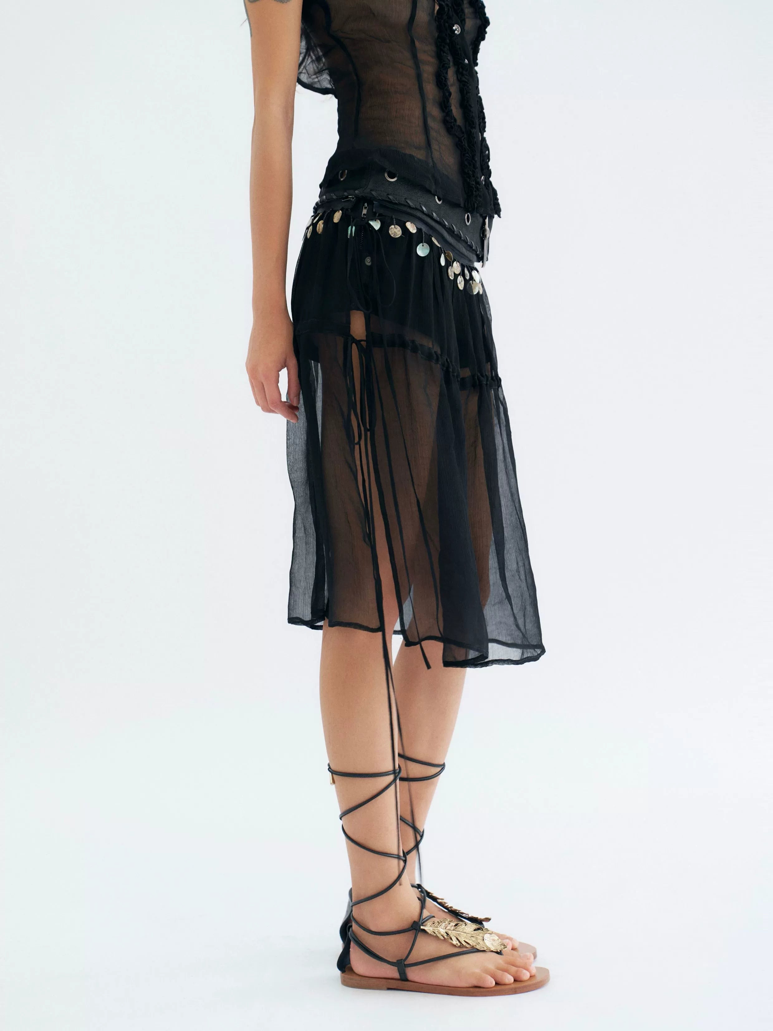 Moonlit Veil Sheer Coin‑Trim Skirt