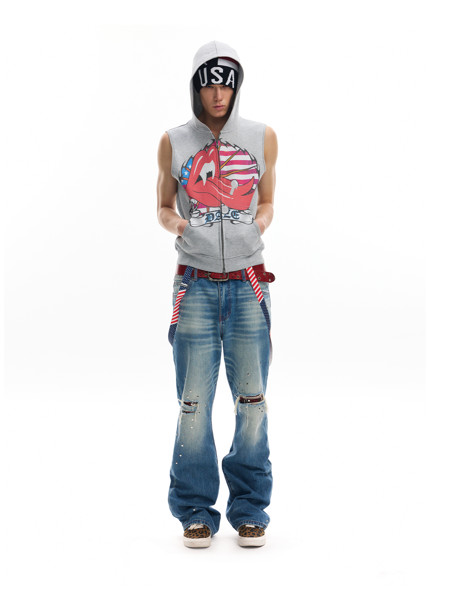 Daze Americana Lips Sleeveless Hoodie Vest