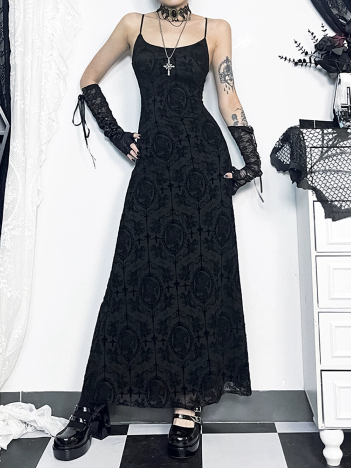 Wannathis Gothic Velvet Maxi Dress - Black Spaghetti Strap Burnout Gown With Lace-Up Arm Warmers