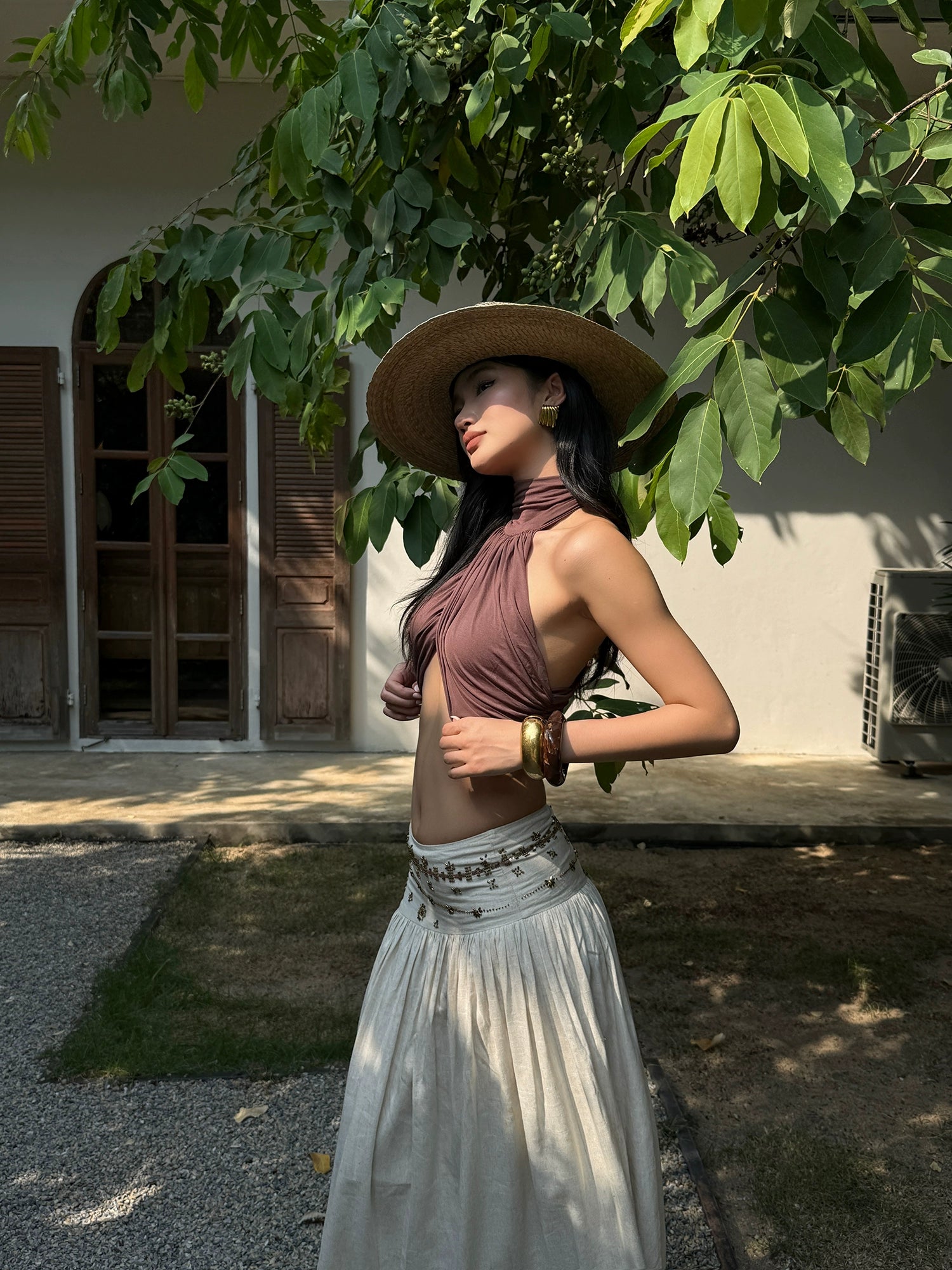 Brown Halter Neck Cut-Out Crop Top