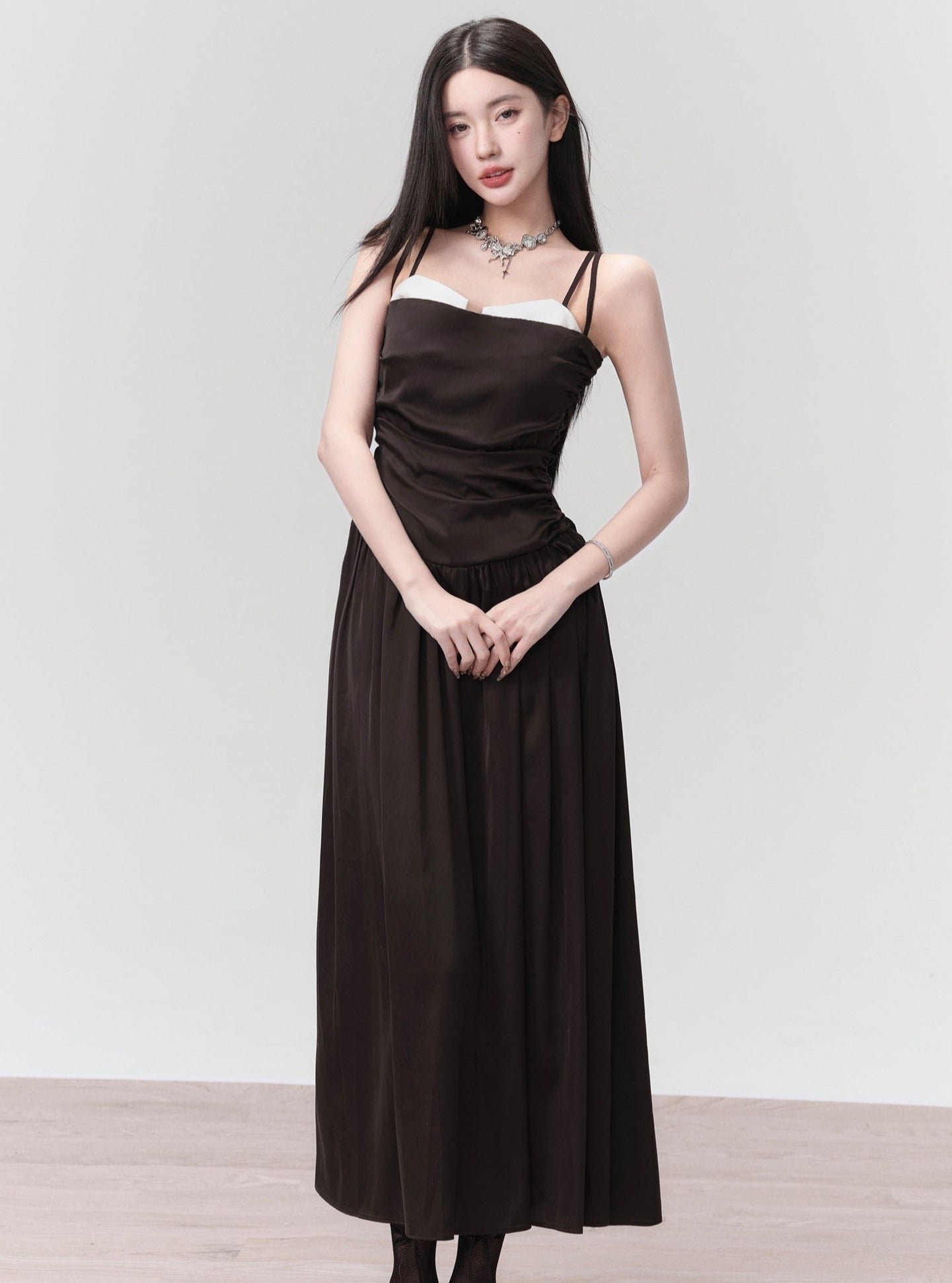 Classic Black Spaghetti Strap Midi Dress with Ruched Bodice