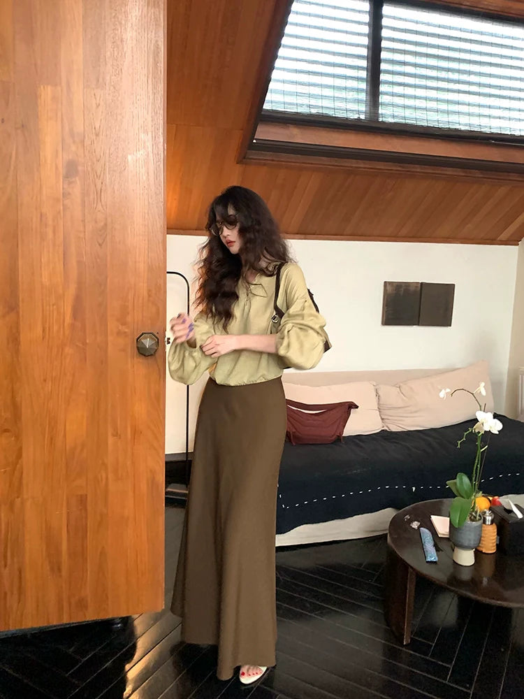 Twill Swing High-Waisted A-Line Midi Skirt