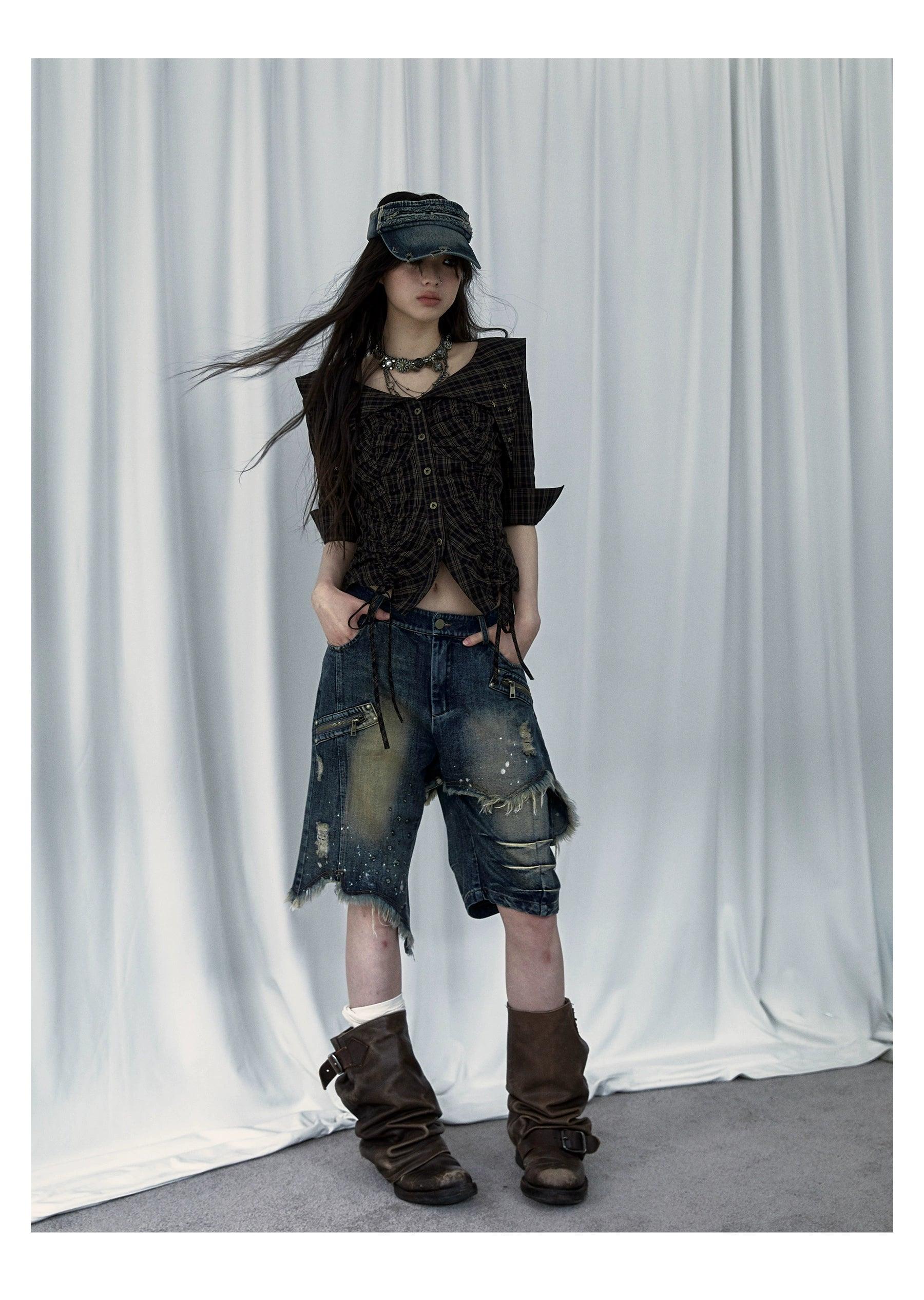 No Romance Asymmetrical Distressed Denim Shorts - Unisex Grunge Ripped Jean Capris With Paint Splatter