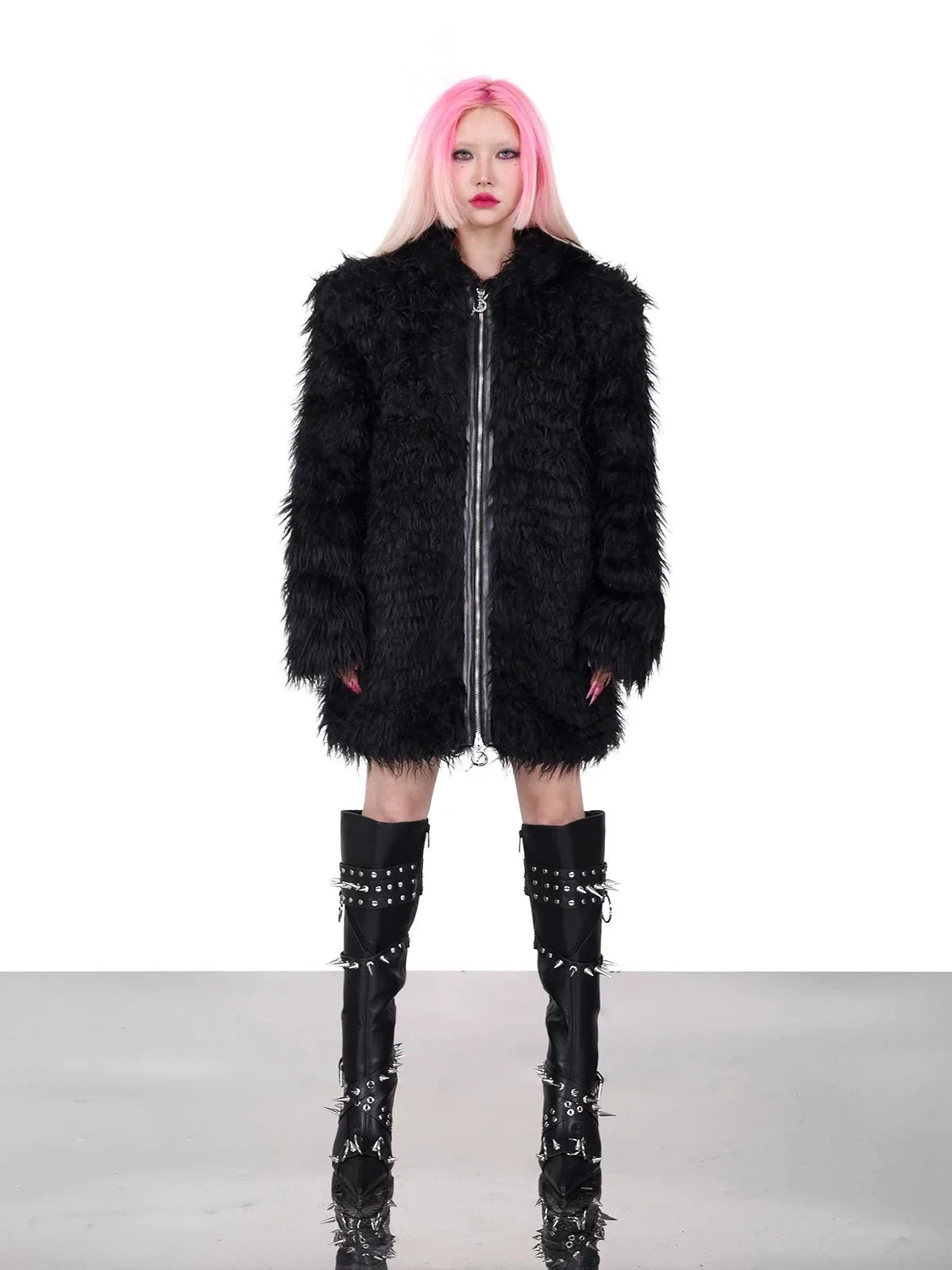 PINKSPINK Furry Cat-Ear Hooded Jacket - Black