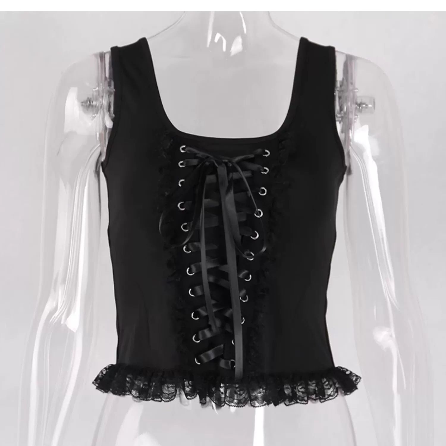 Wannathis Gothic Lace-Up Crop Top - Black Sleeveless Corset Tank With Lace Trim