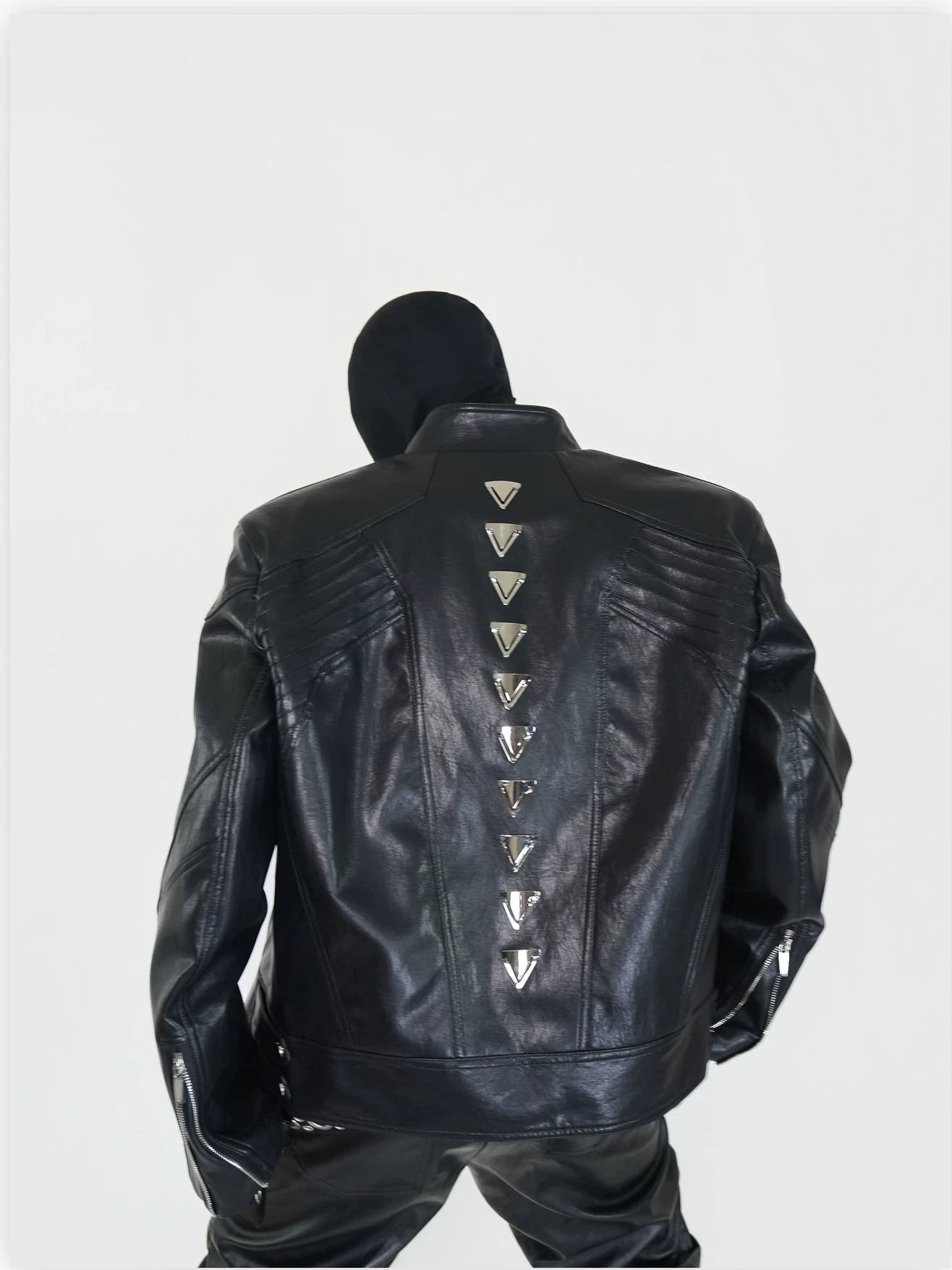 Vortex Spine Pyramid‑Stud PU Leather Jacket