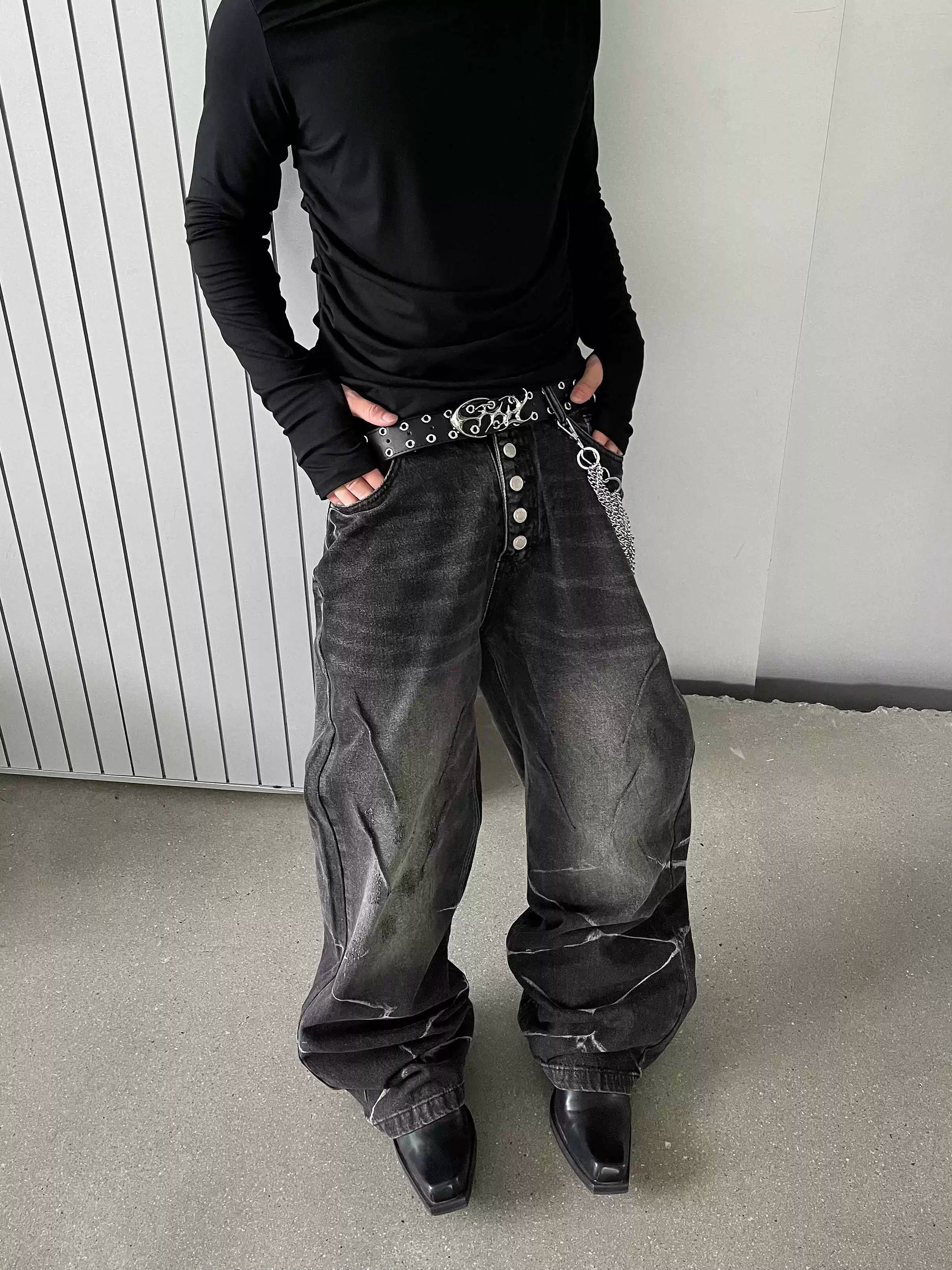 Black Marble Wash Wide-Leg Jeans