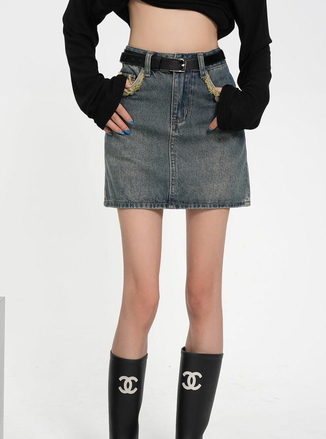 Vintage-Inspired Denim Mini Skirt - Two-Tone Patchwork Jean Skirt with Raw Hem