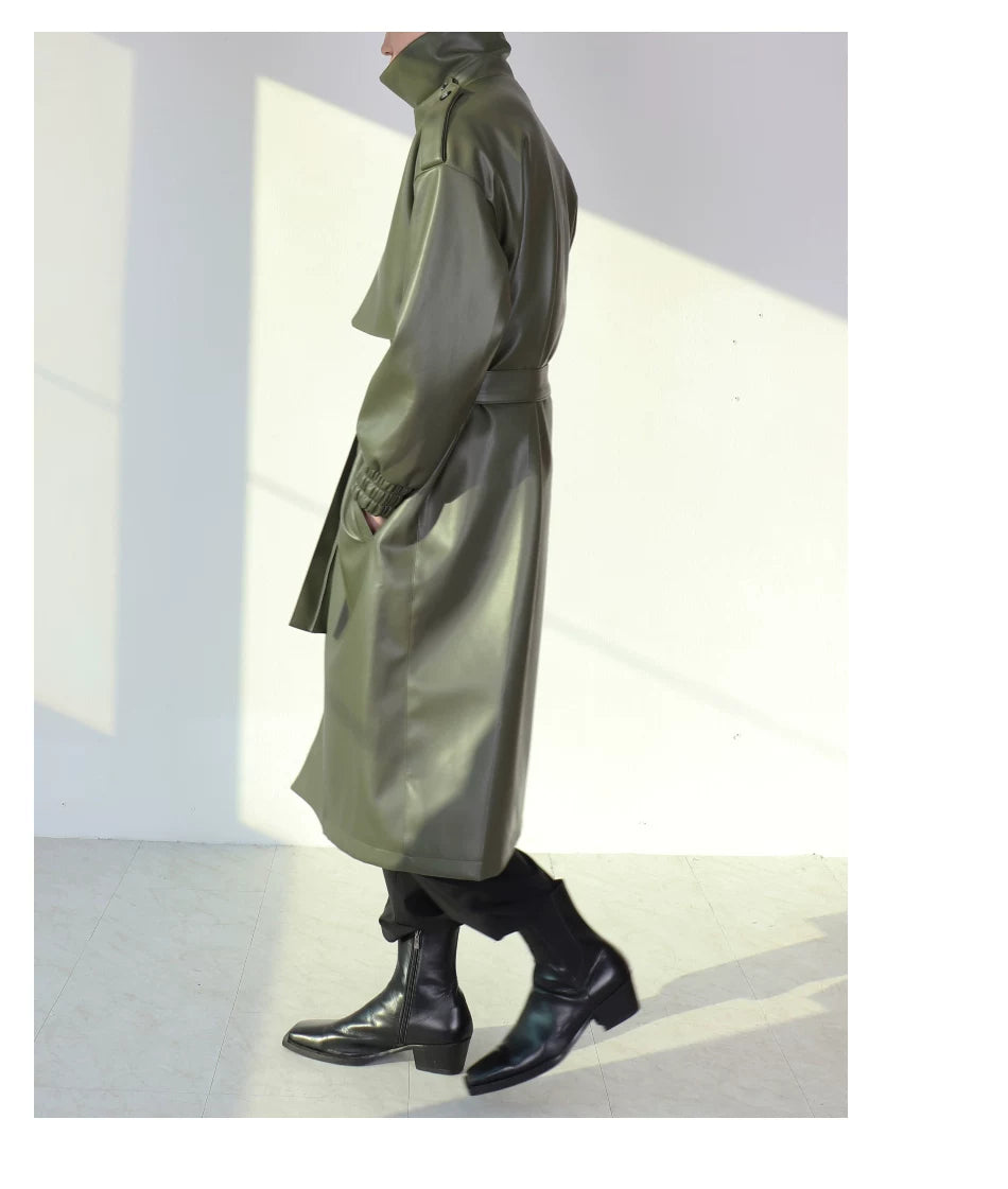 Noir Eclipse Belted Faux Leather Trench Coat