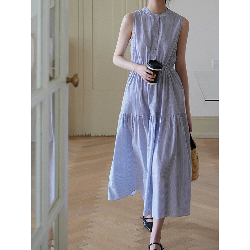 Sleeveless Blue Button-Down Midi Dress