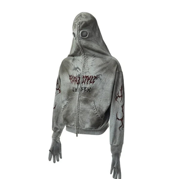 Grey Masked Graphic Zip Hoodie